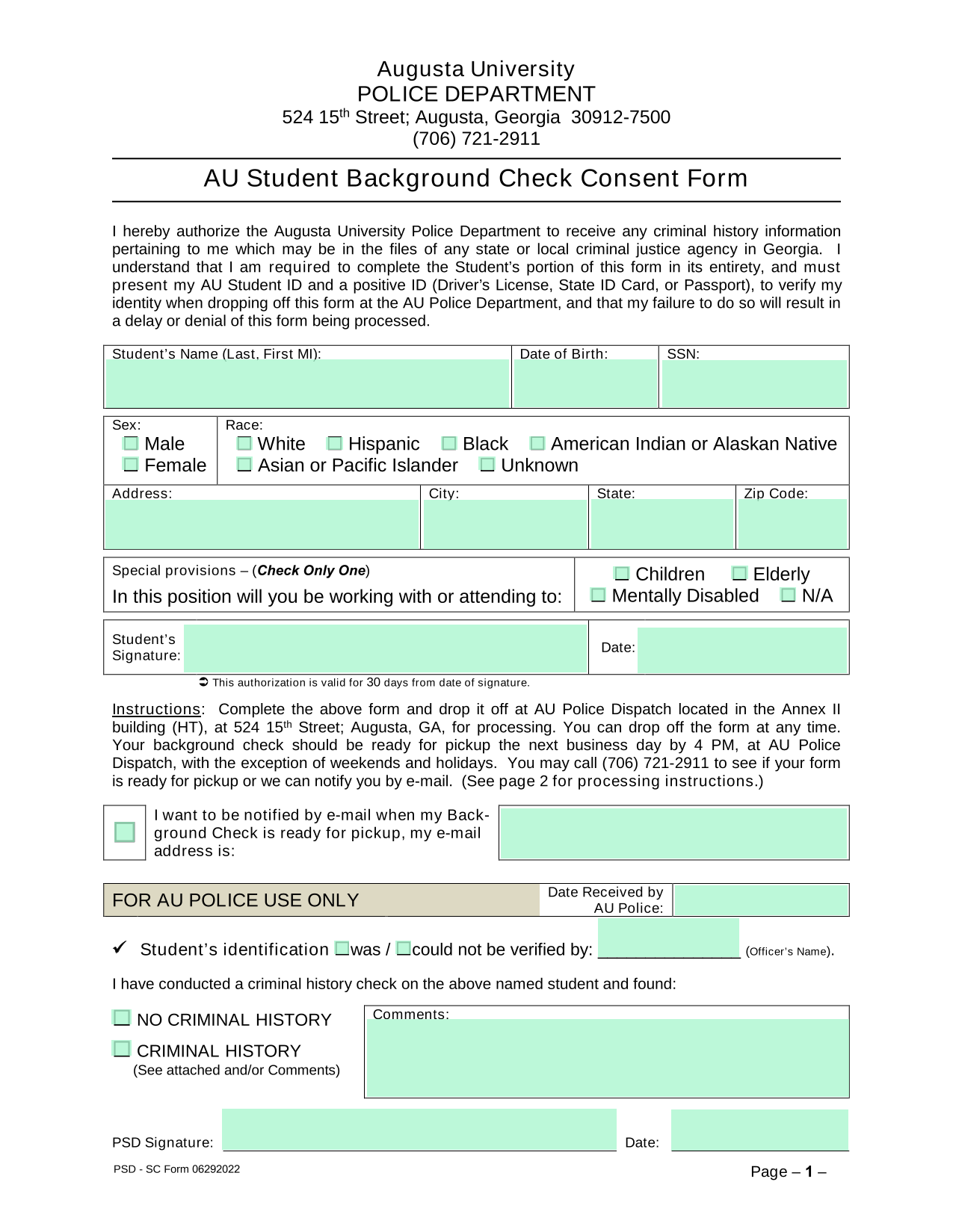AU Student Background Check Consent Form screenshot