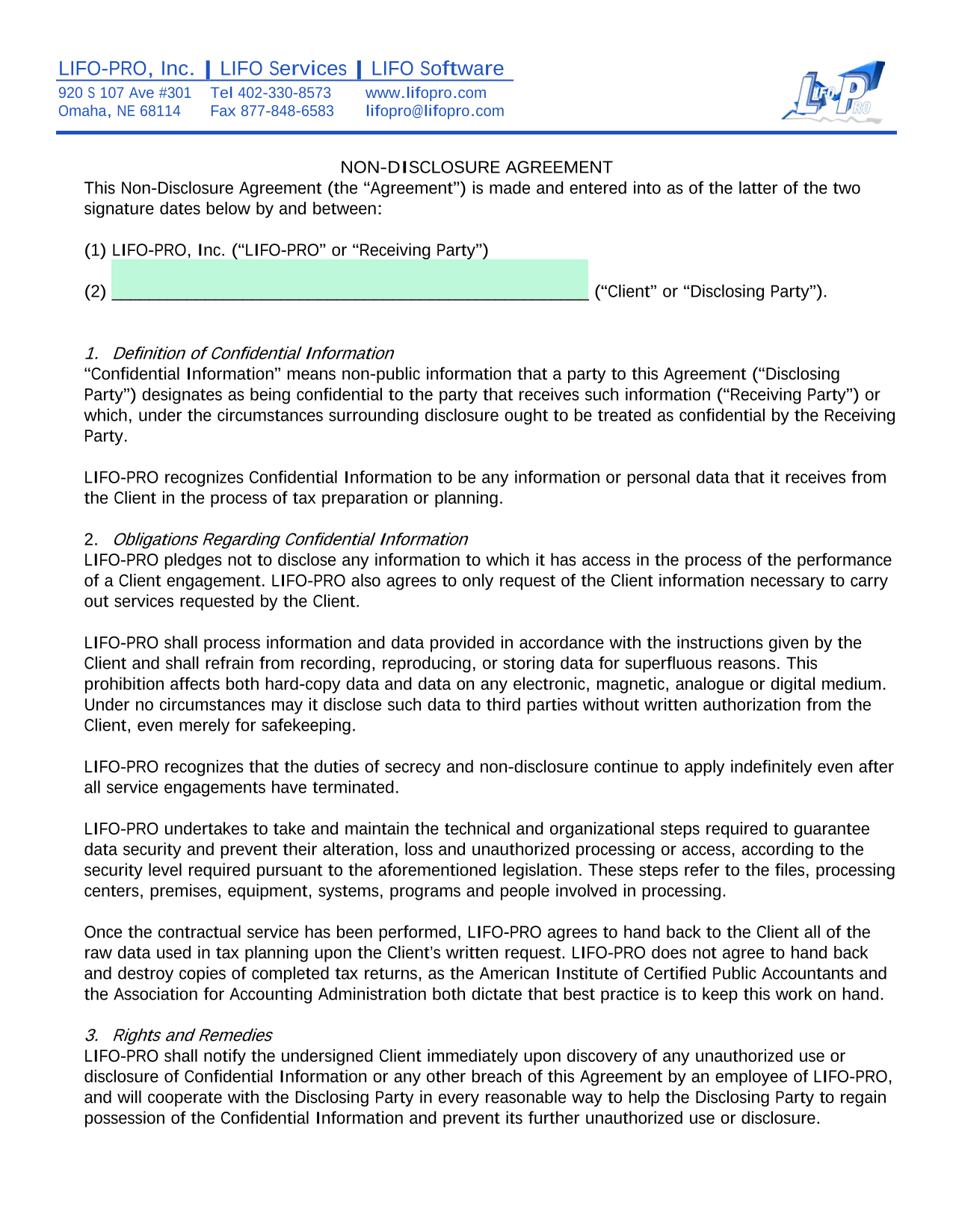 Non Disclosure Agreement screenshot