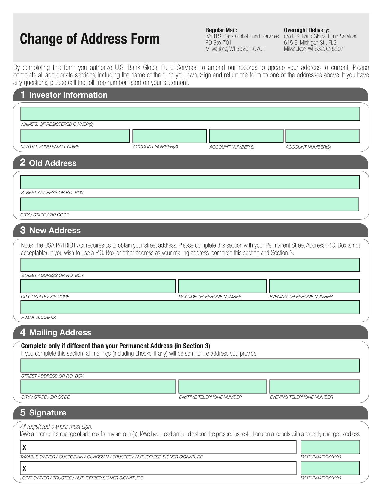 Change Of Address Form screenshot