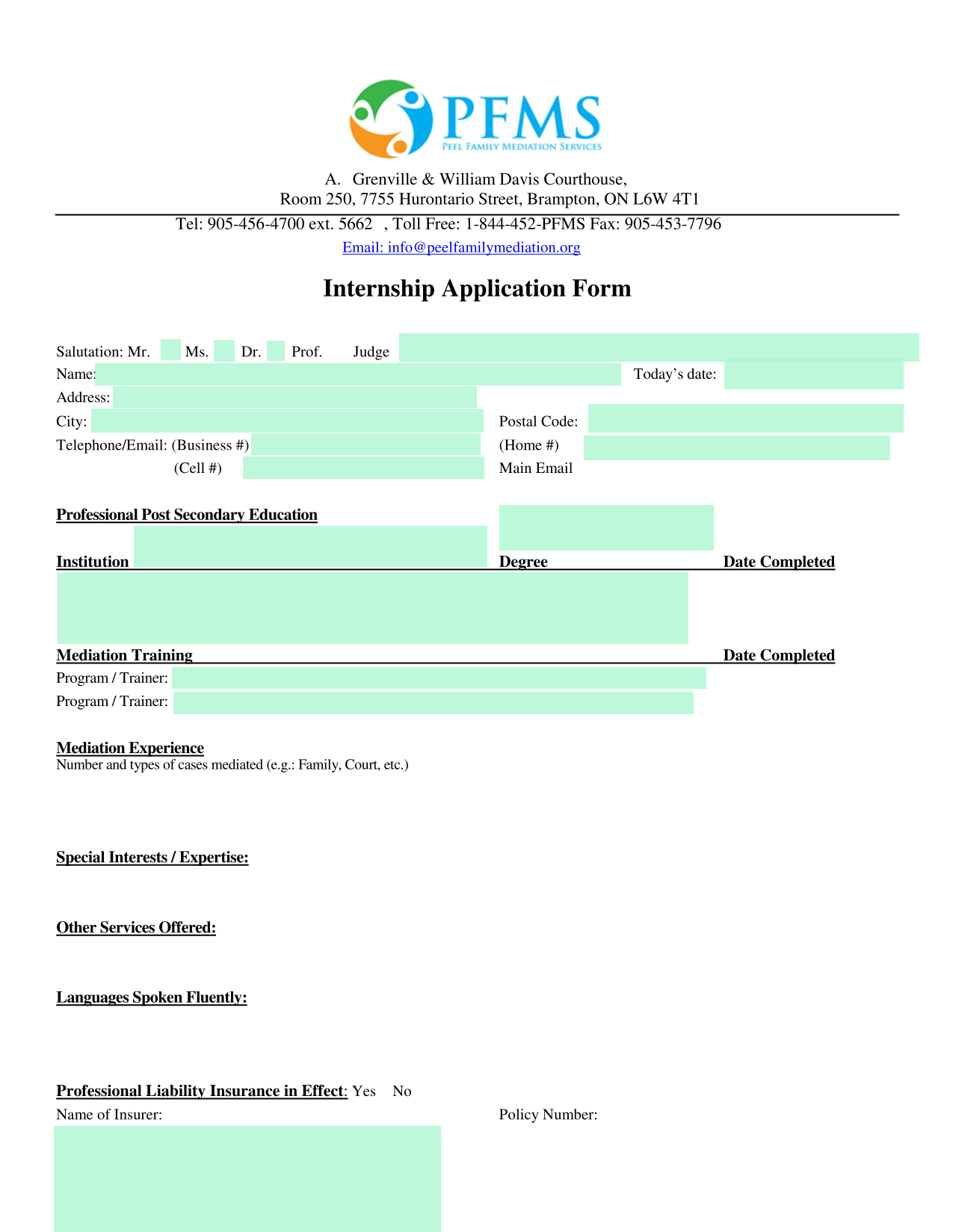 Internship Application Form screenshot