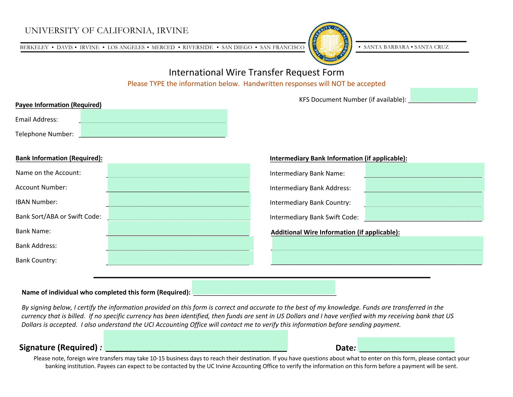 International Wire Transfer Request Form screenshot
