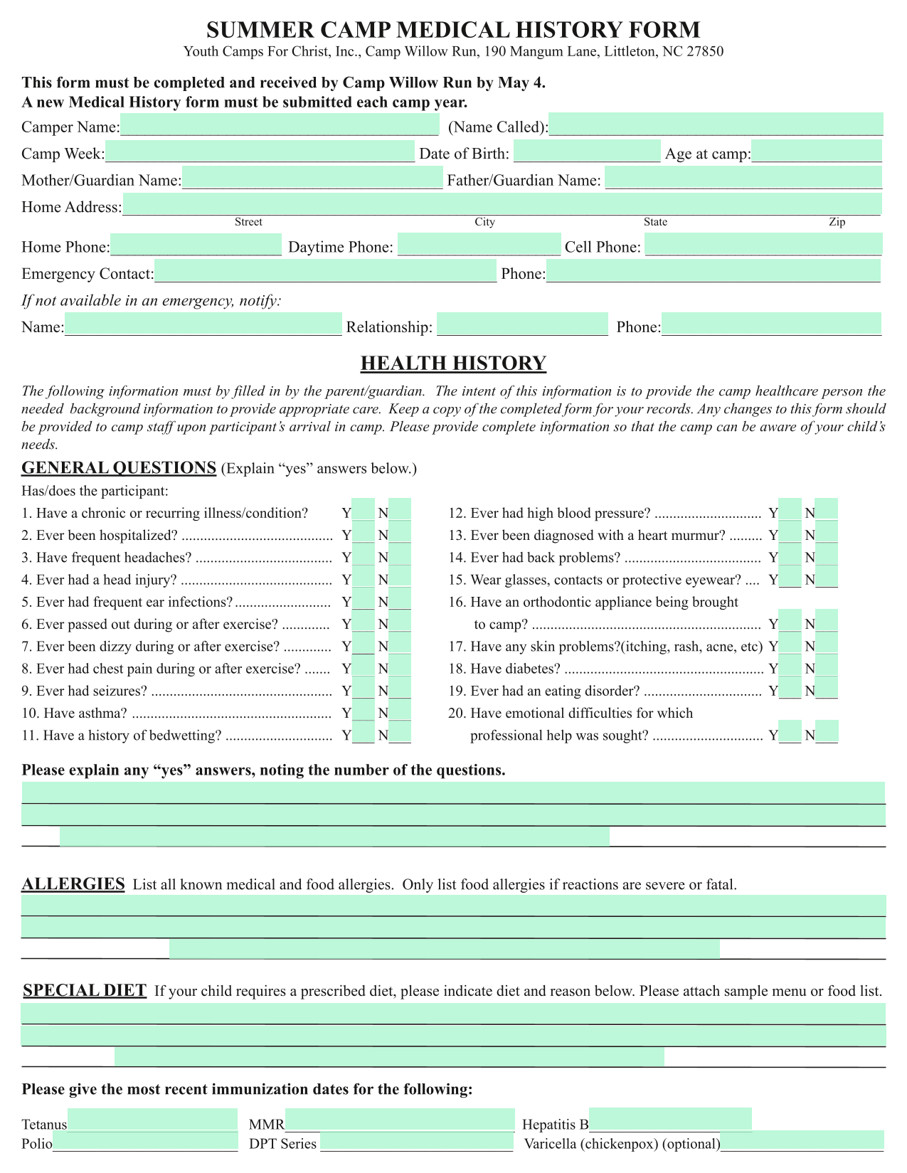 SUMMER CAMP MEDICAL HISTORY FORM screenshot
