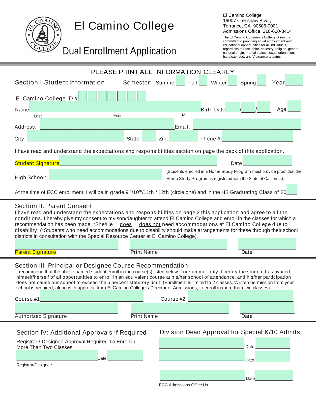 El Camino College Dual Enrollment Application screenshot