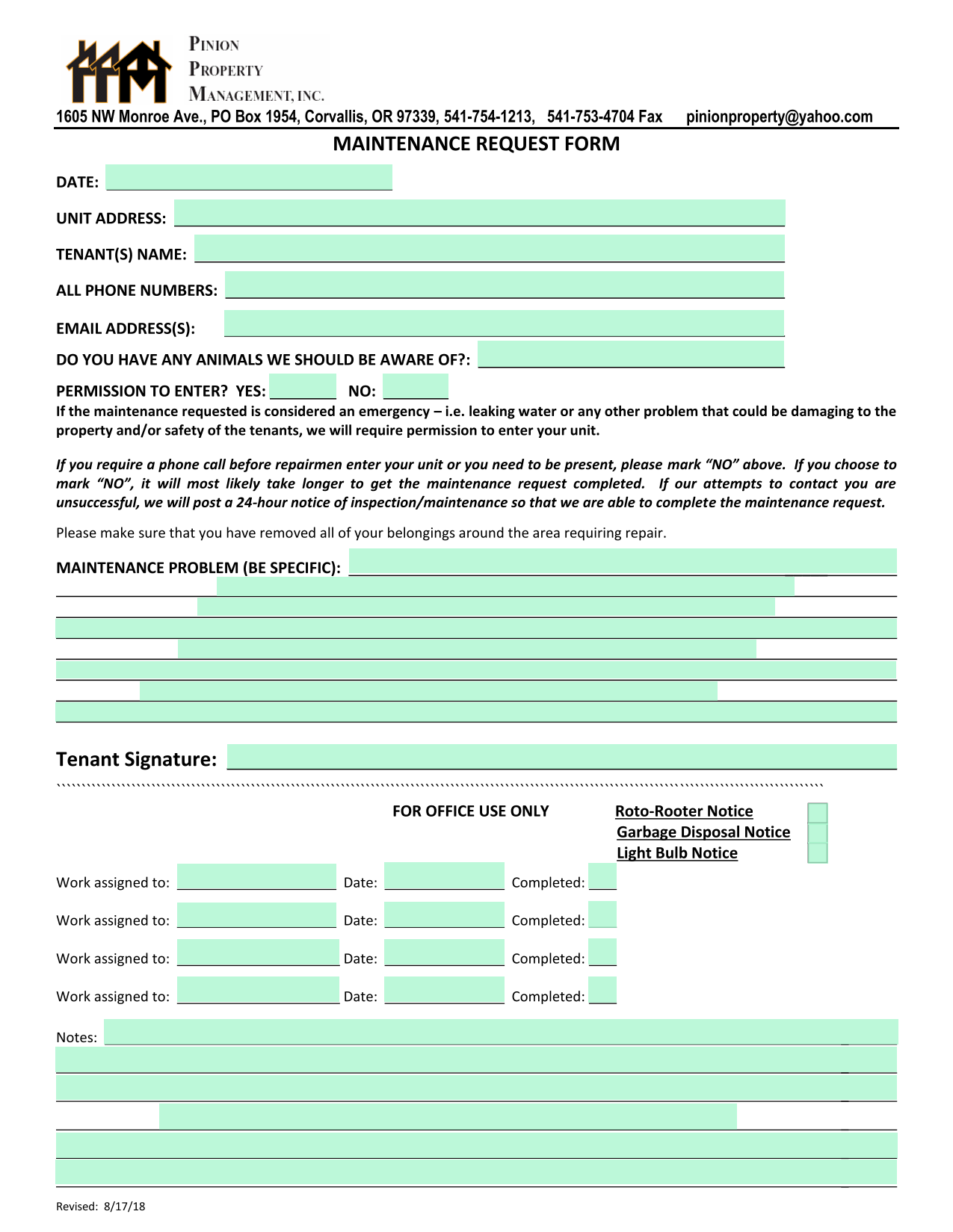 Maintenance Request Form screenshot