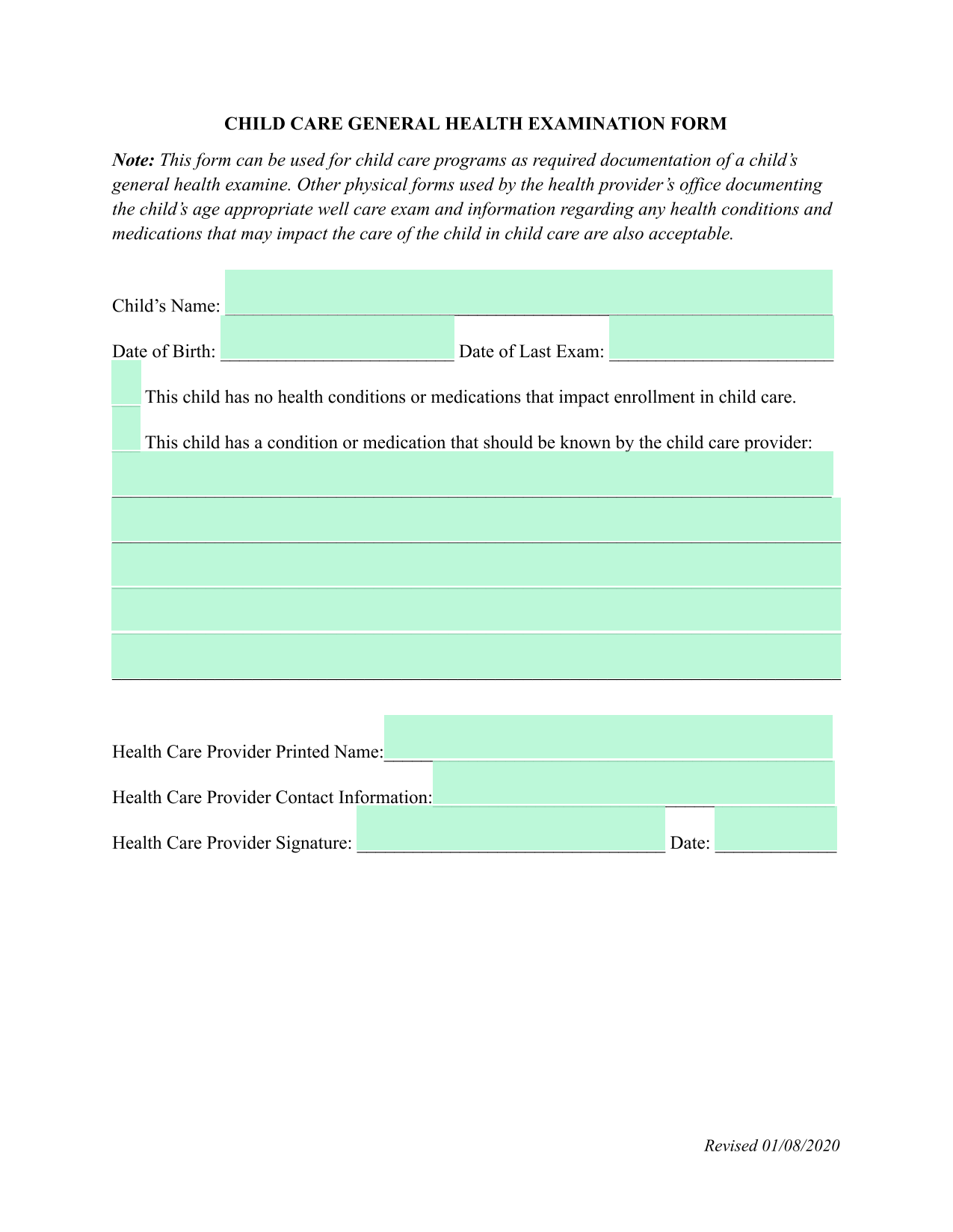 Child Care General Health Examination Form screenshot