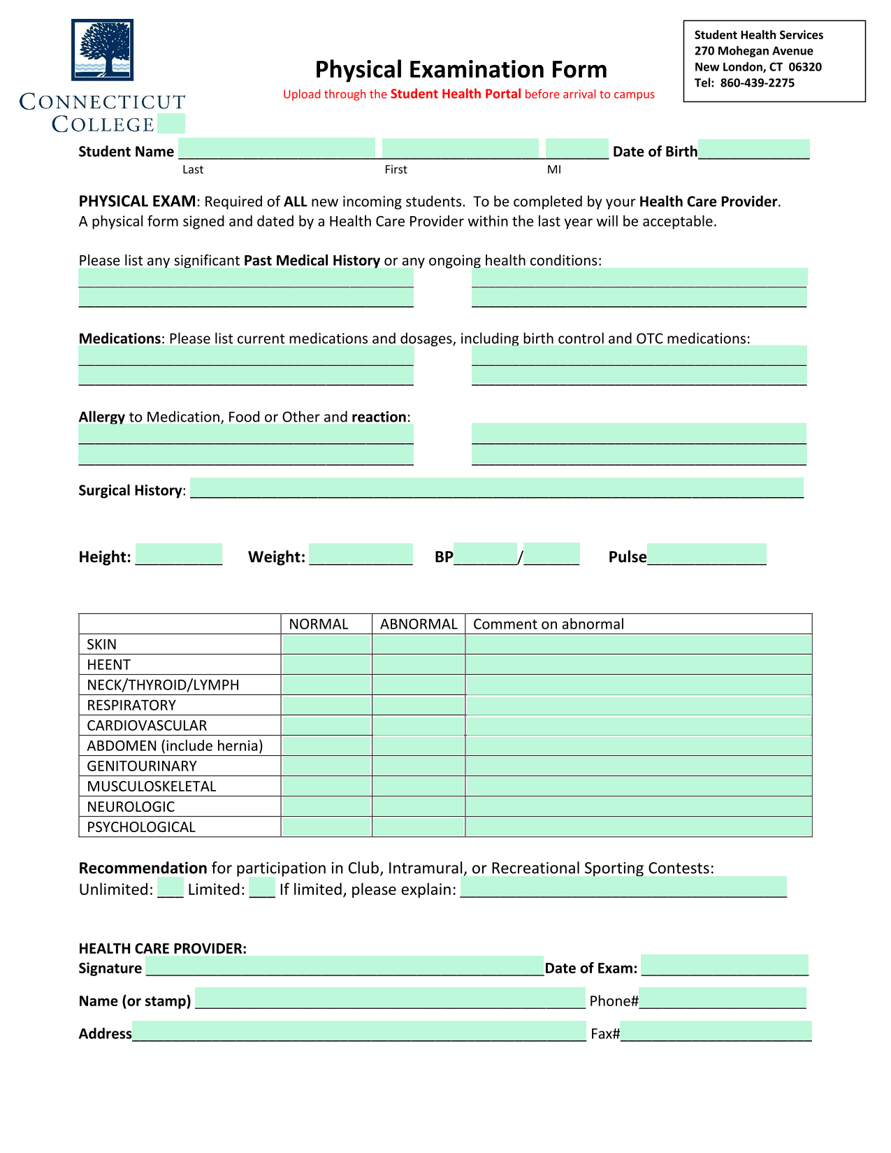 Physical Examination Form screenshot