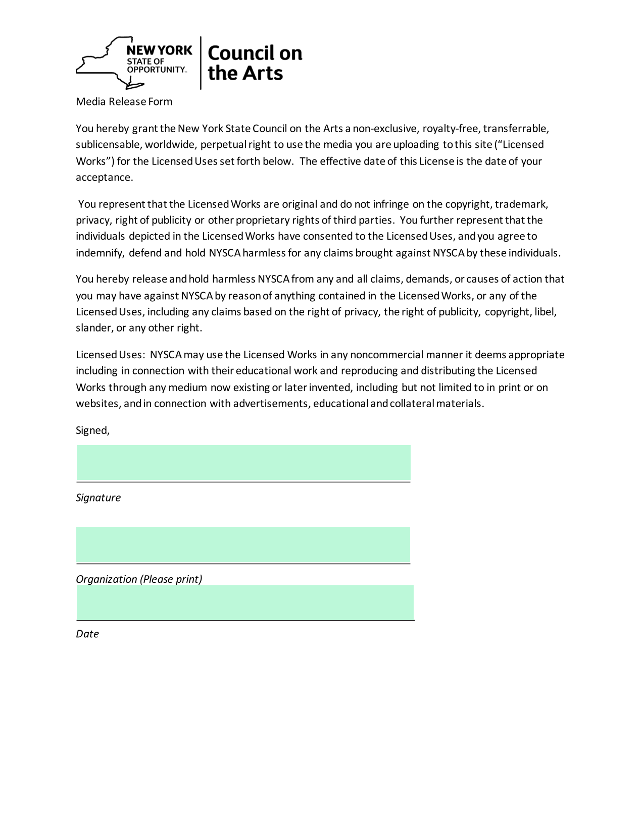 Media Release Form screenshot