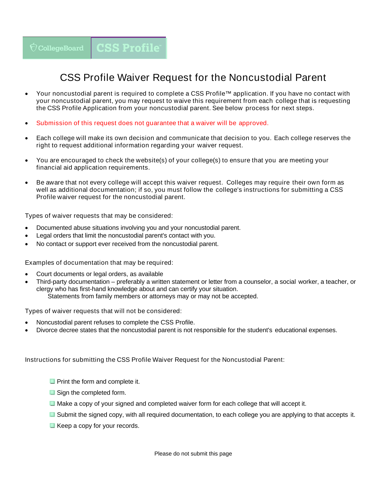CSS Profile Waiver Request For The Noncustodial Parent screenshot