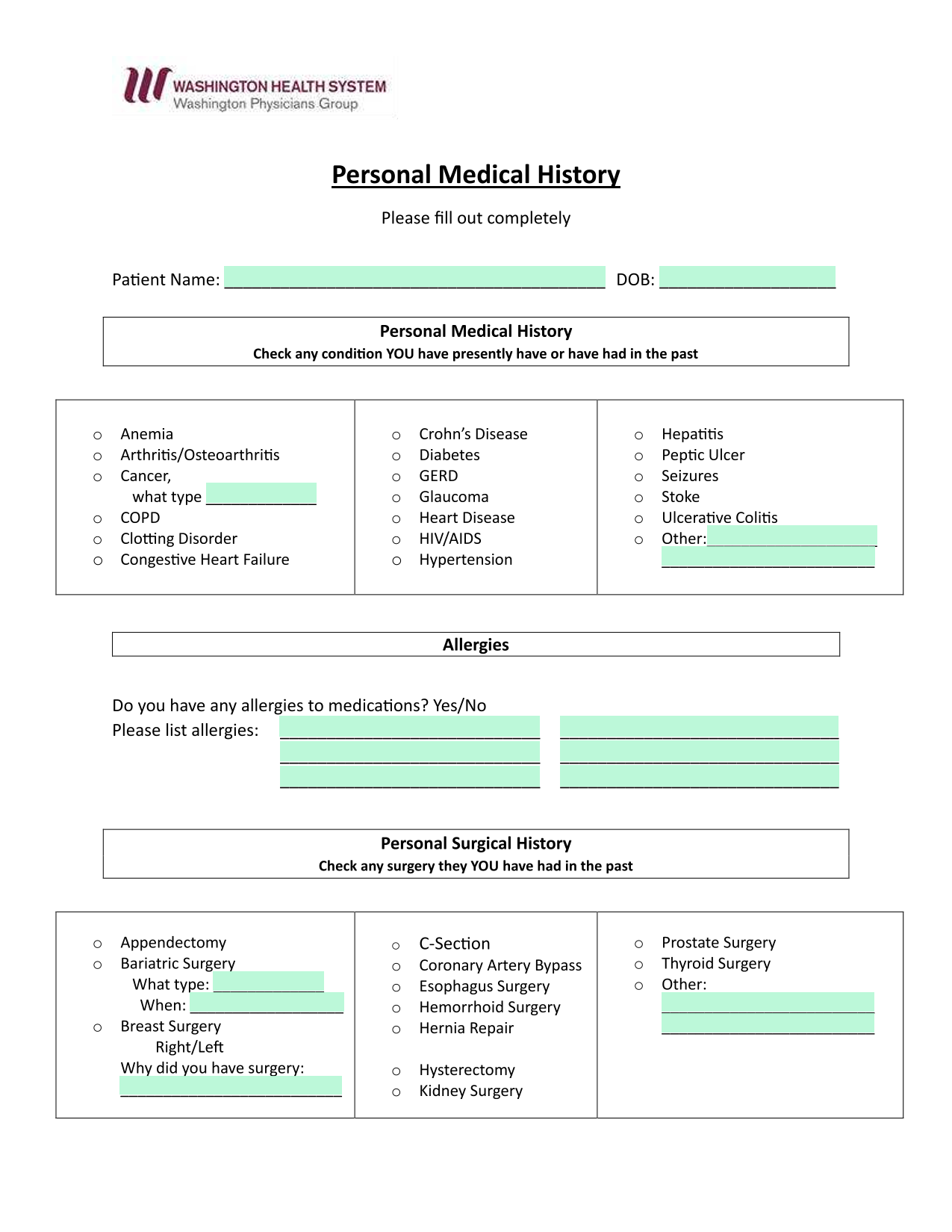 Personal Medical History screenshot