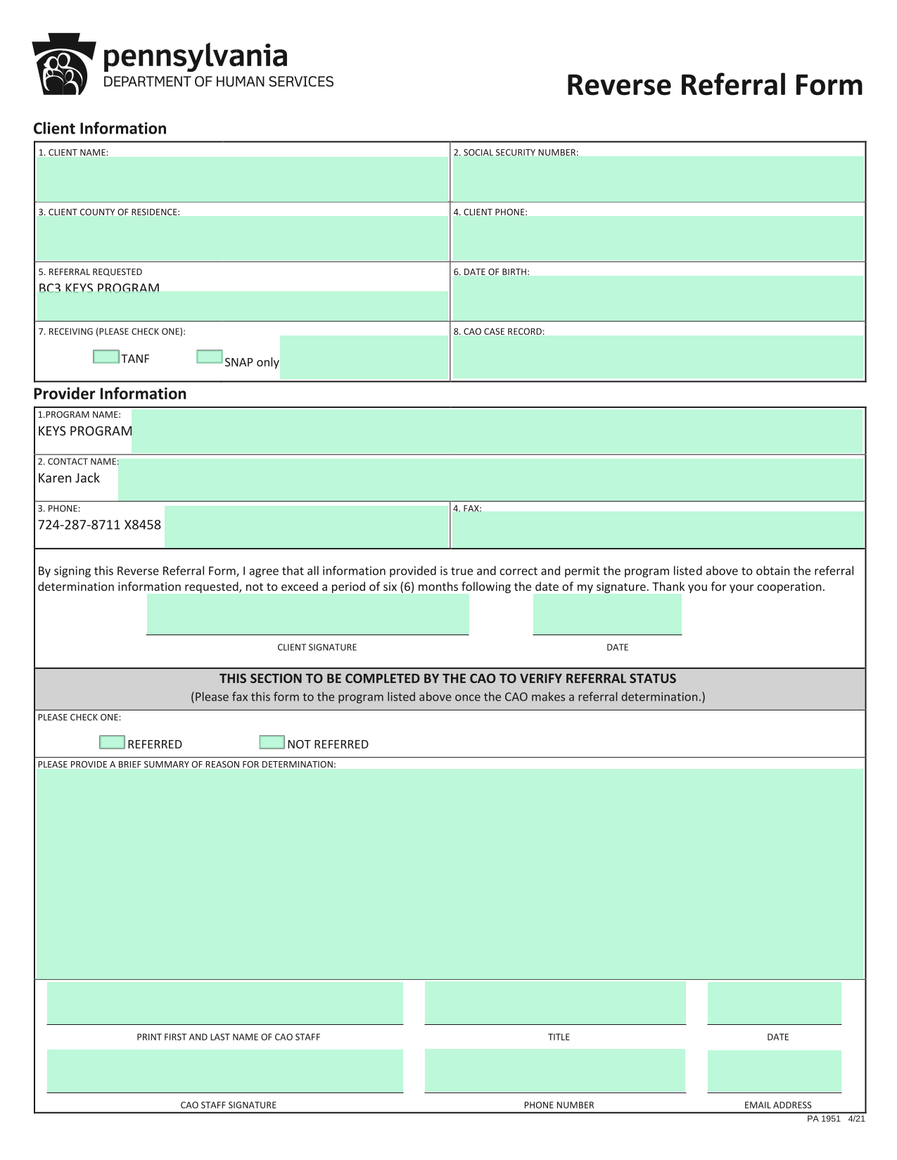 Reverse Referral Form screenshot