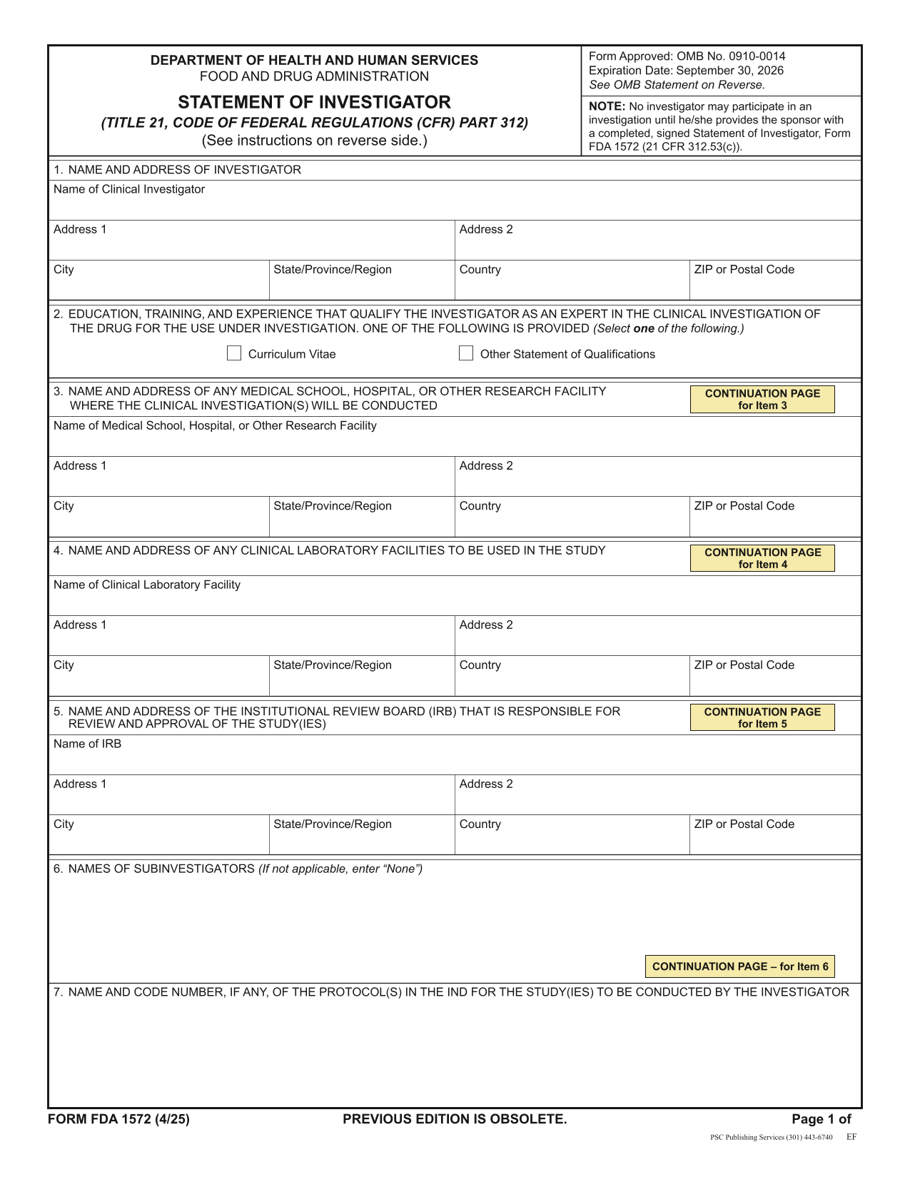 Statement Of Investigator (FDA Form 1572) screenshot
