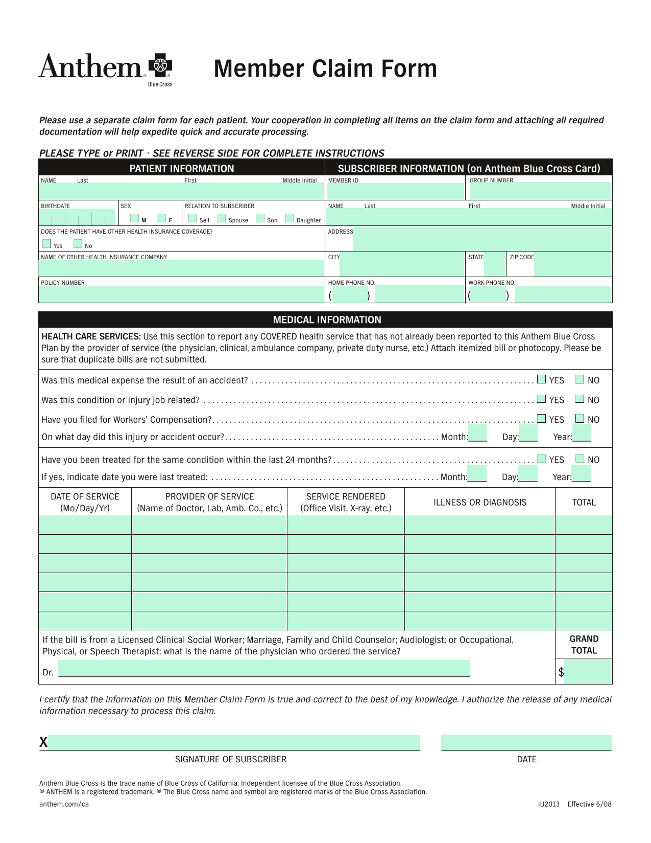 Member Claim Form screenshot