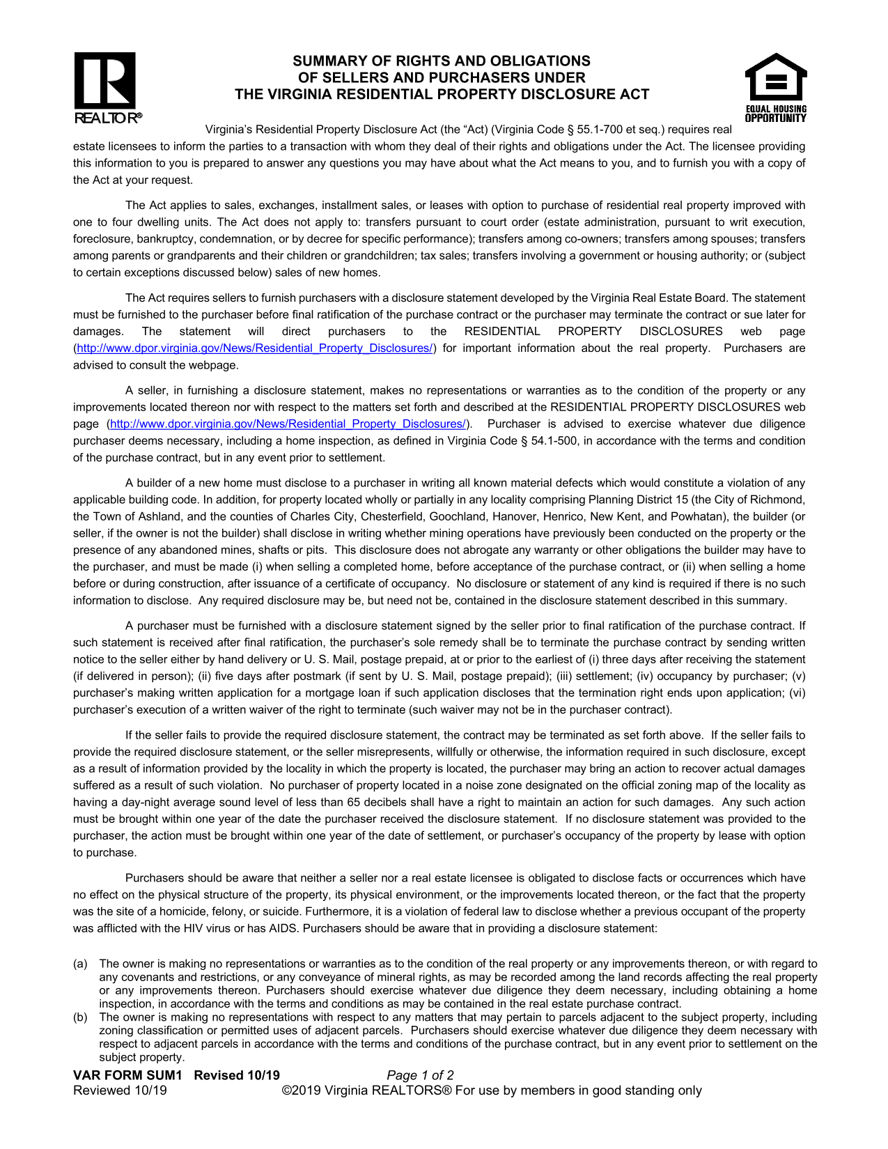 SUMMARY OF RIGHTS AND OBLIGATIONS OF SELLERS AND PURCHASERS UNDER THE VIRGINIA RESIDENTIAL PROPERTY  screenshot