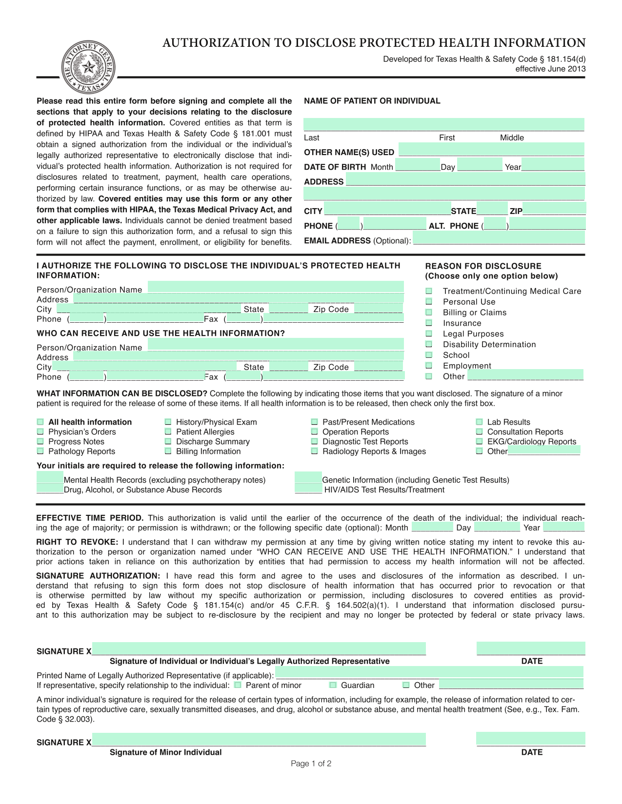Authorization To Disclose Protected Health Information screenshot