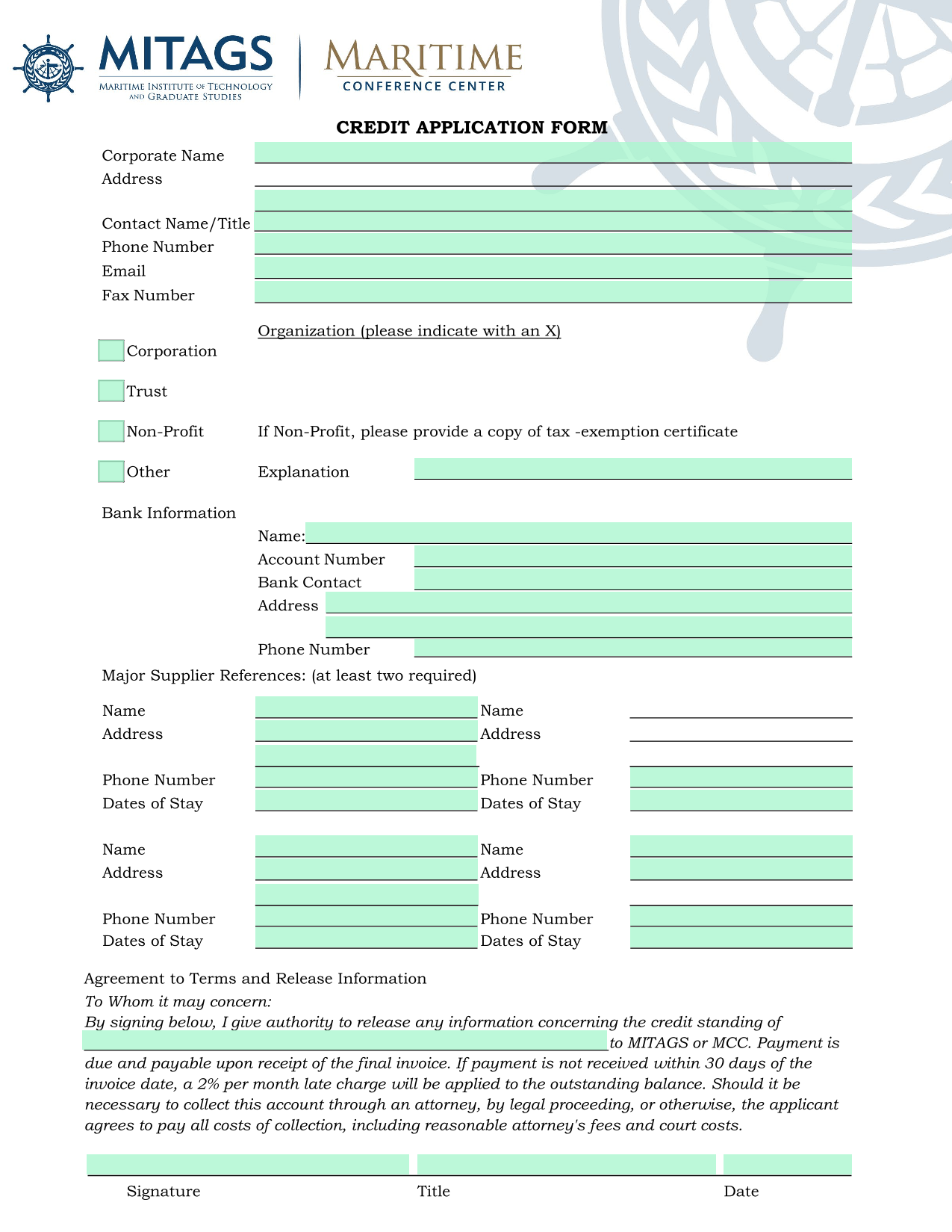Credit Application Form screenshot