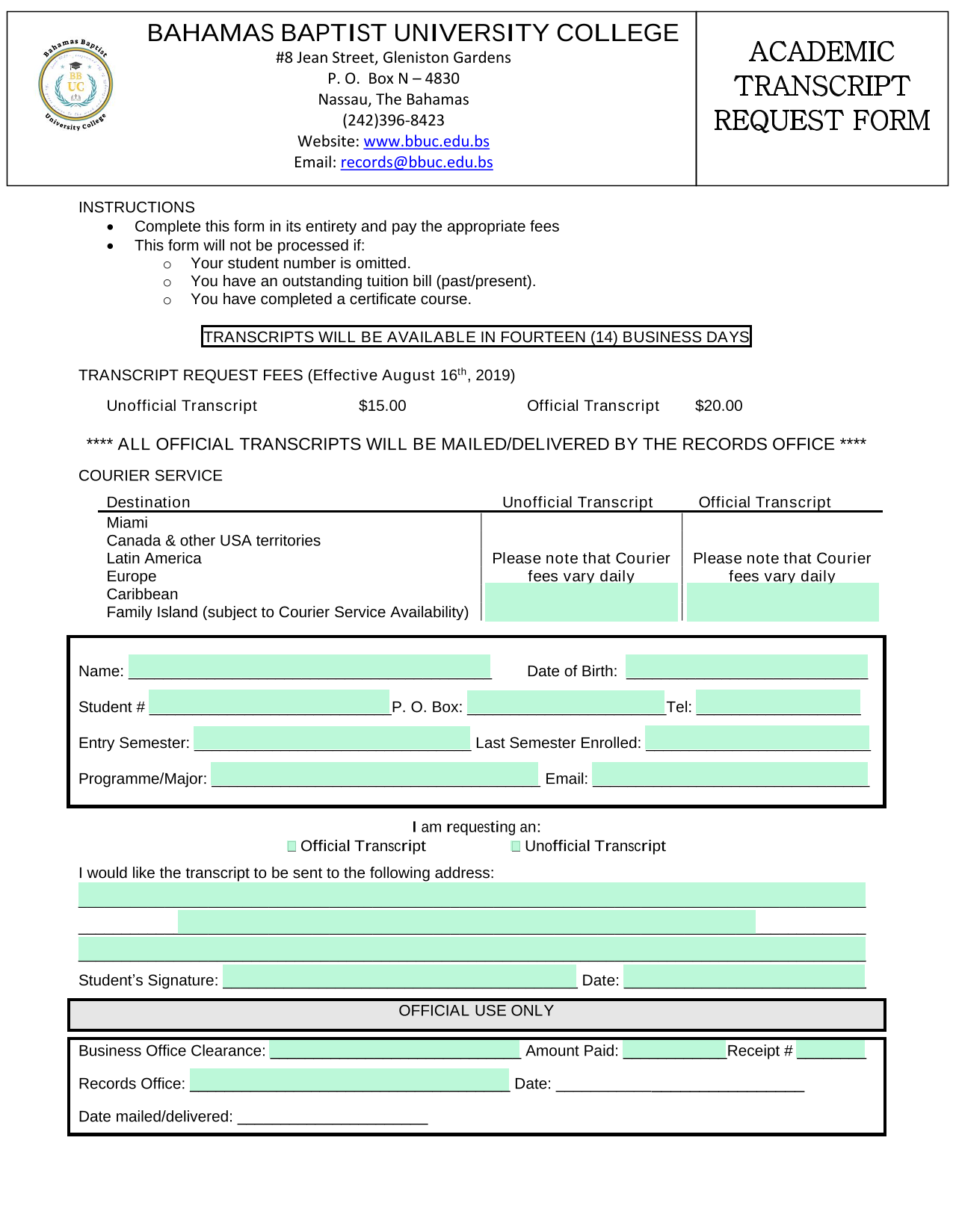 ACADEMIC TRANSCRIPT REQUEST FORM screenshot