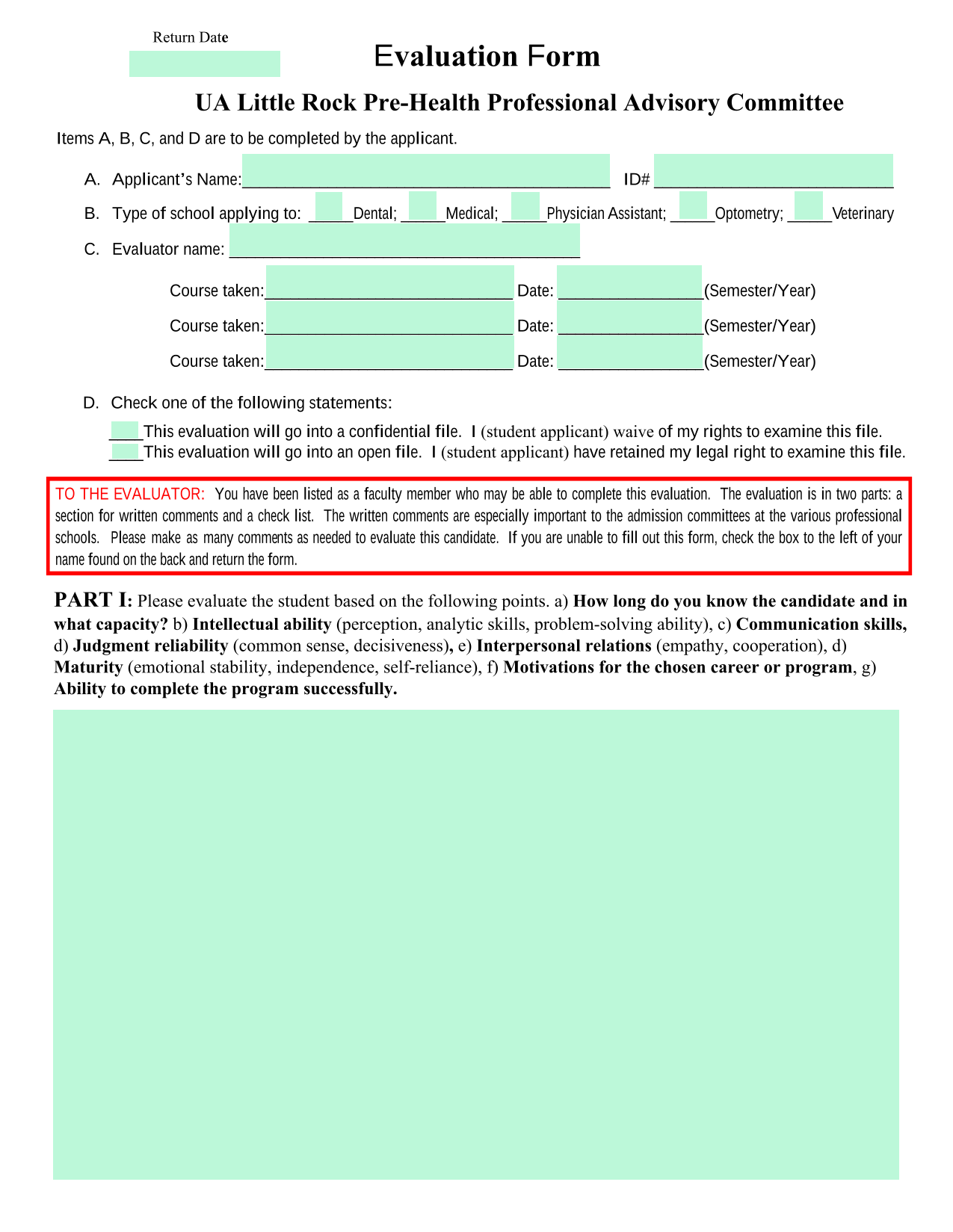 Evaluation Form screenshot