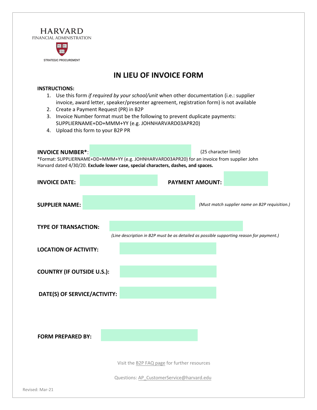 IN LIEU OF INVOICE FORM screenshot