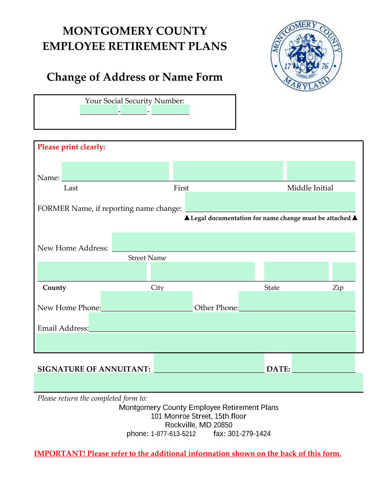 Change Of Address Or Name Form screenshot