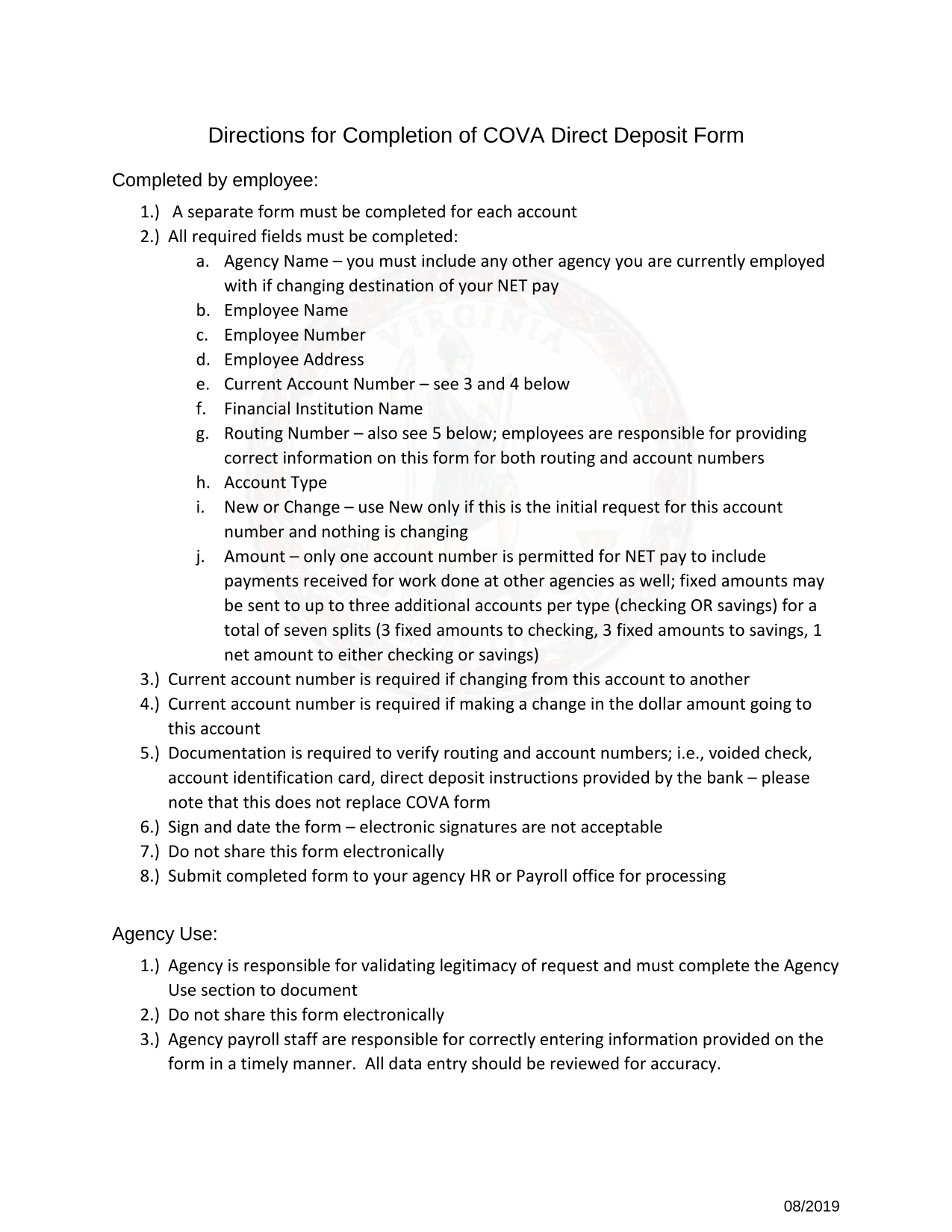 COVA Direct Deposit Form Instructions screenshot