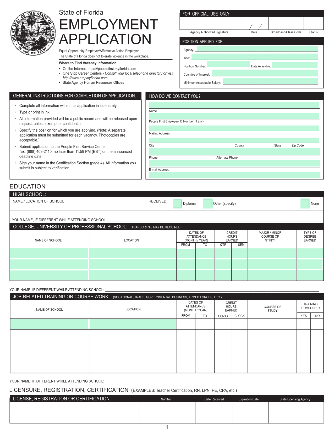 State Of Florida Employment Application screenshot