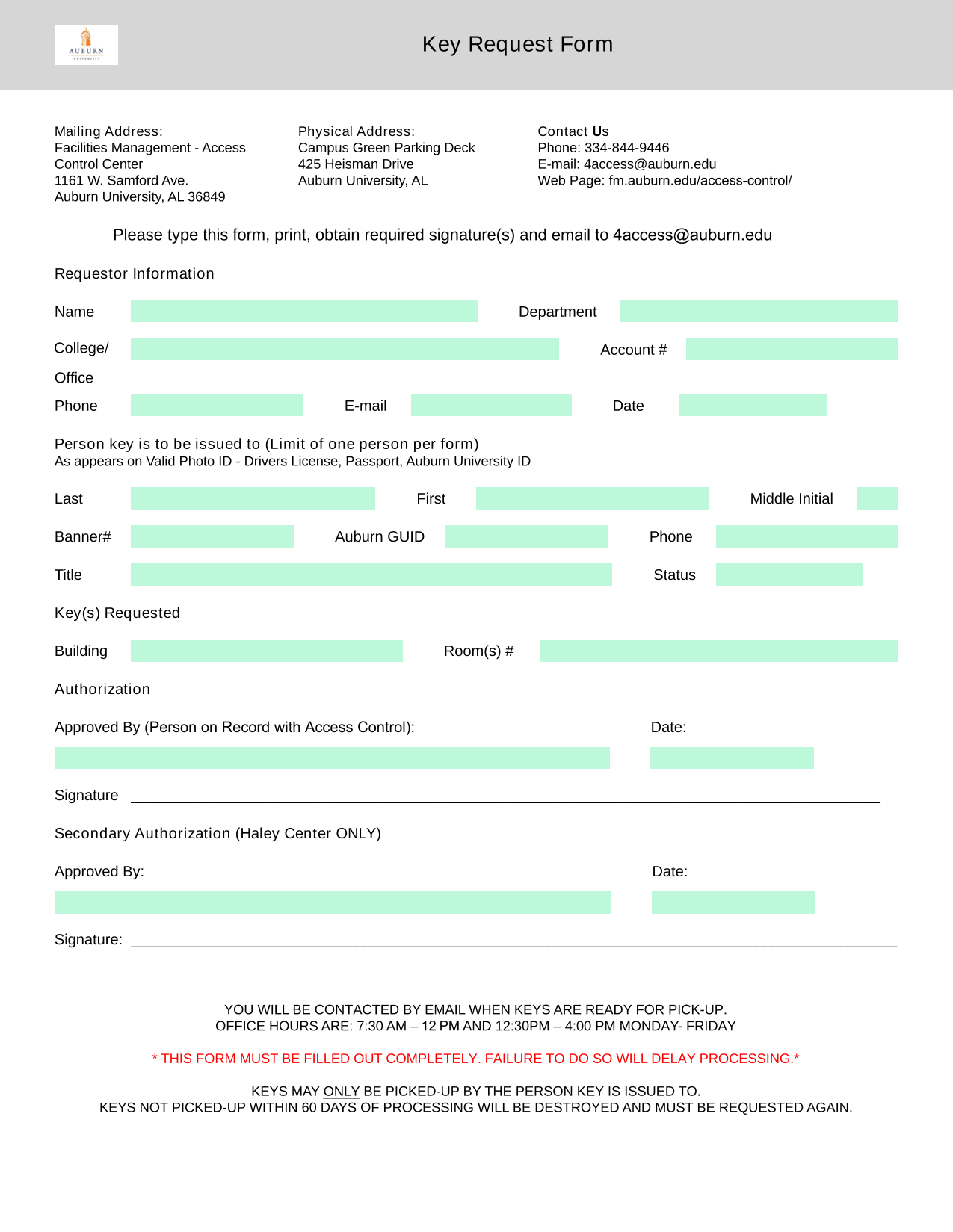 Key Request Form screenshot