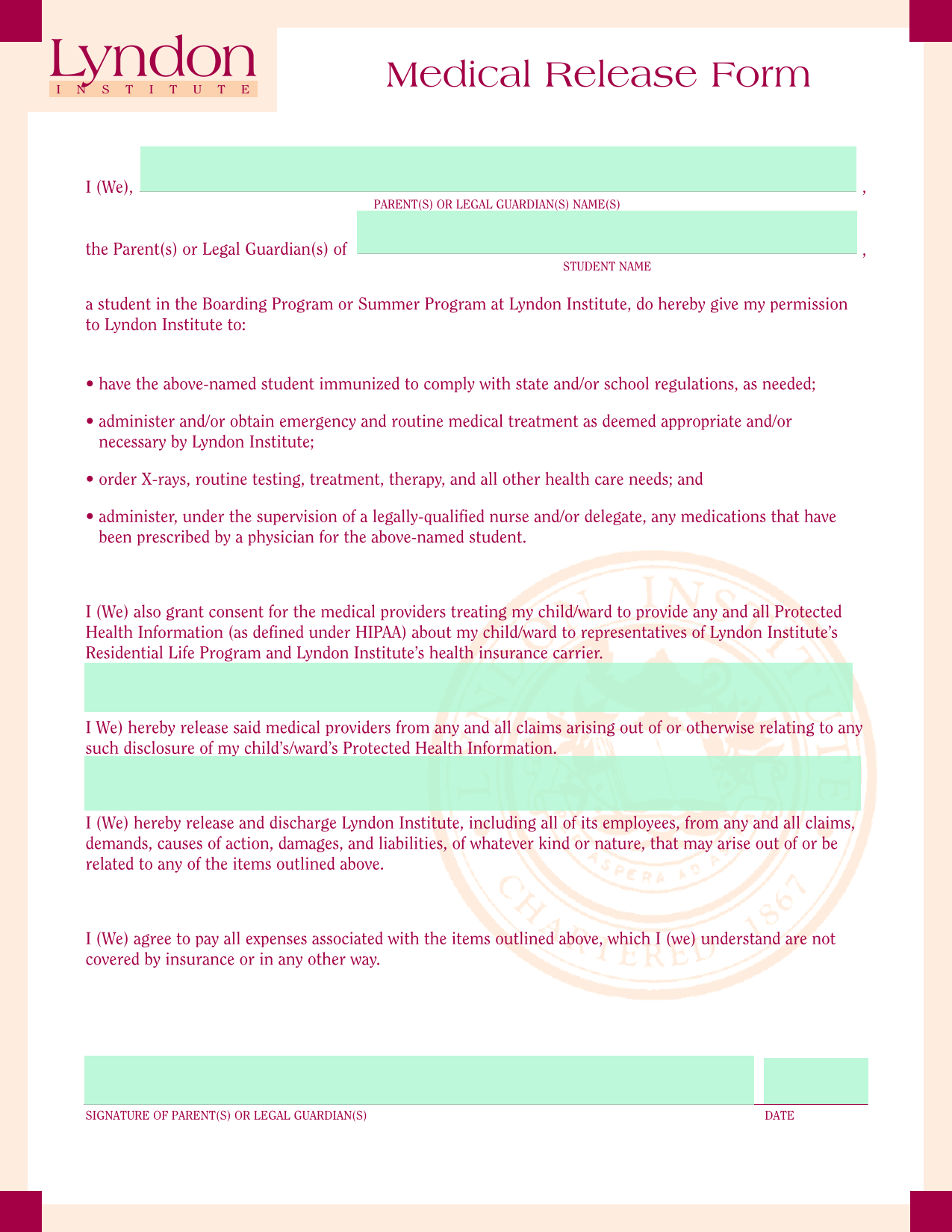 Medical Release Form screenshot