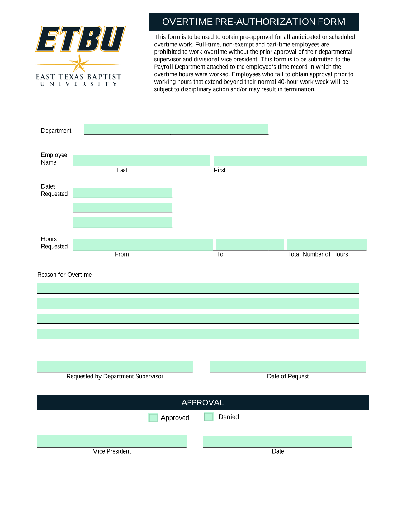 OVERTIME PRE AUTHORIZATION FORM screenshot