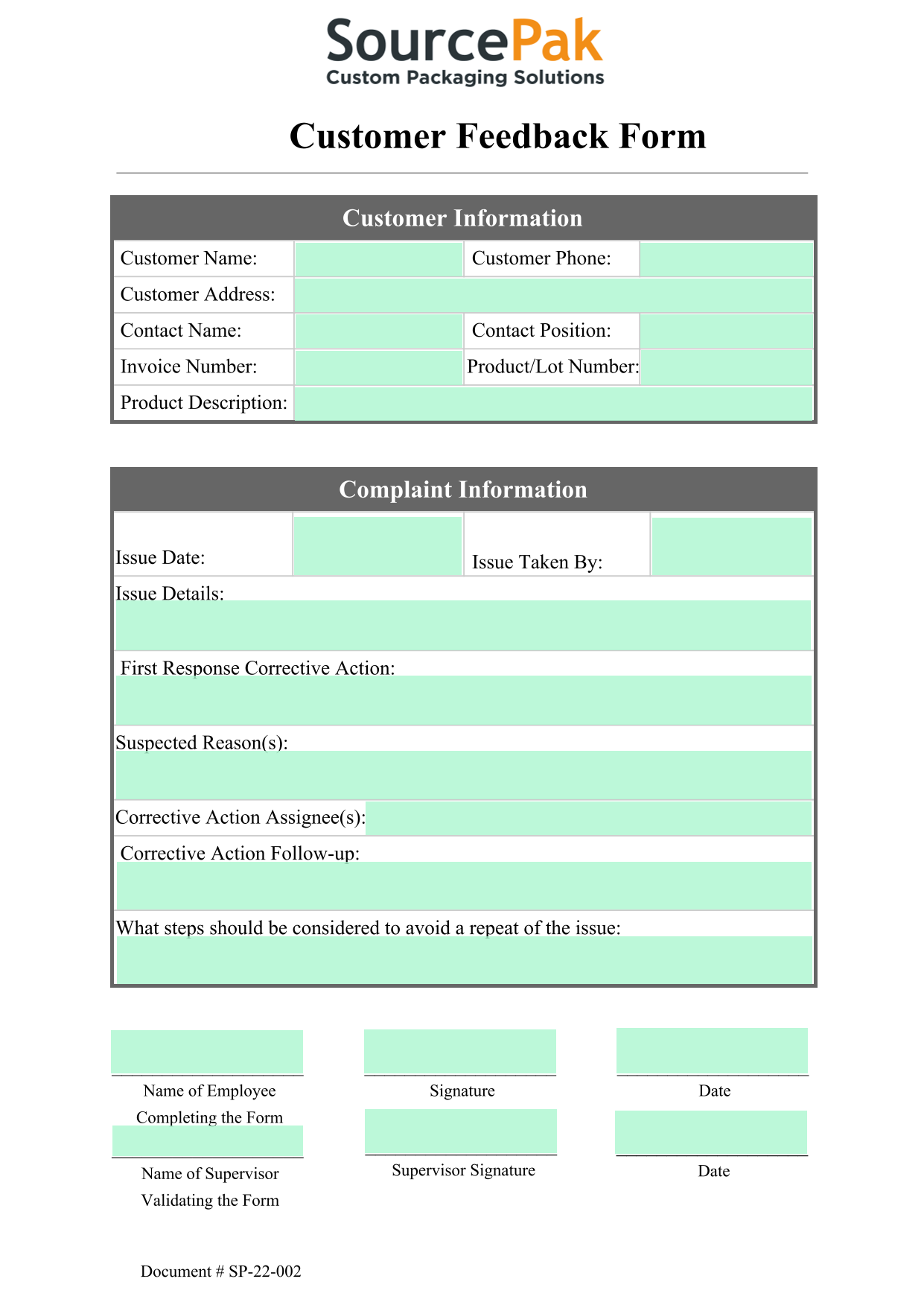 Customer Feedback Form screenshot