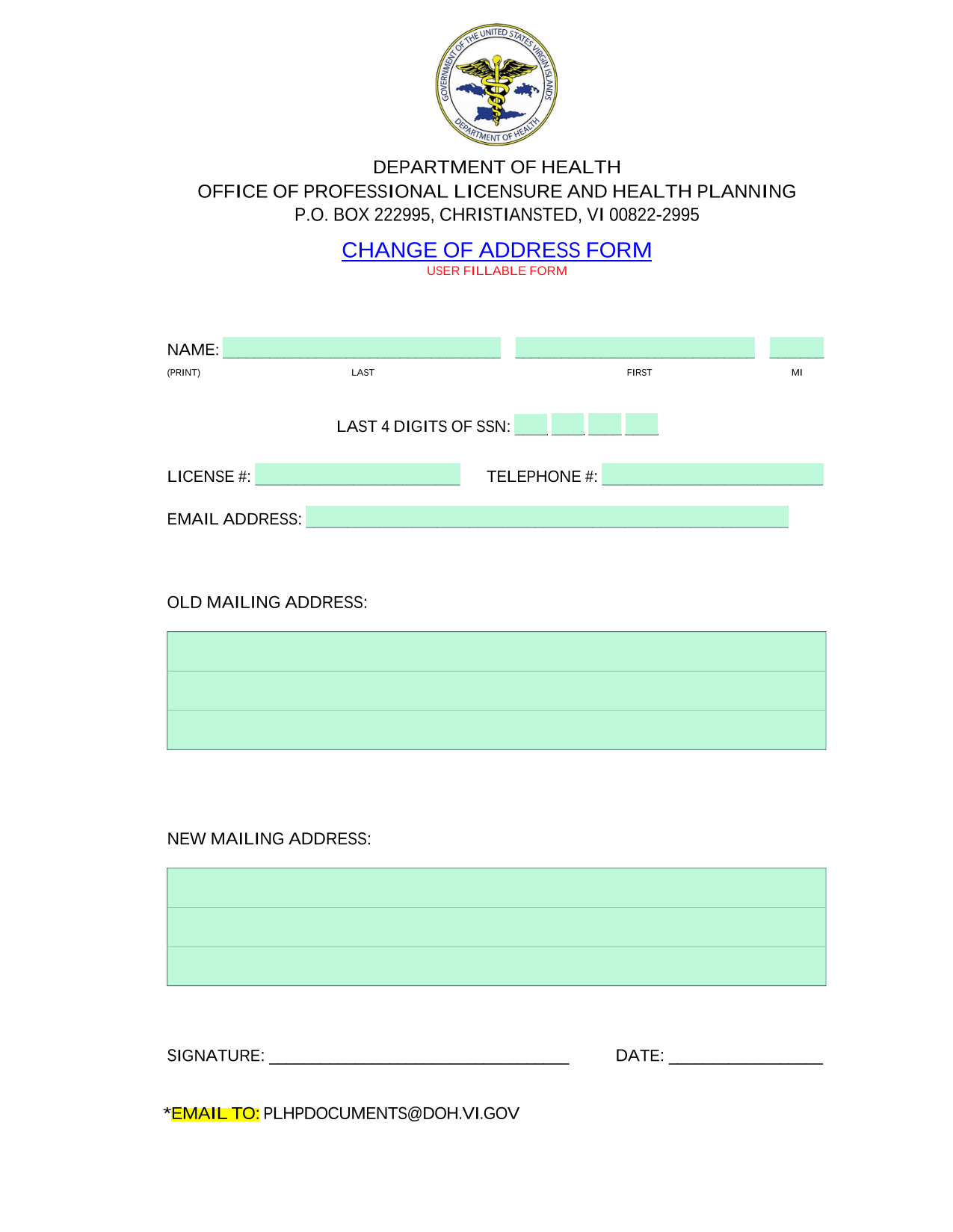 Change Of Address Form screenshot