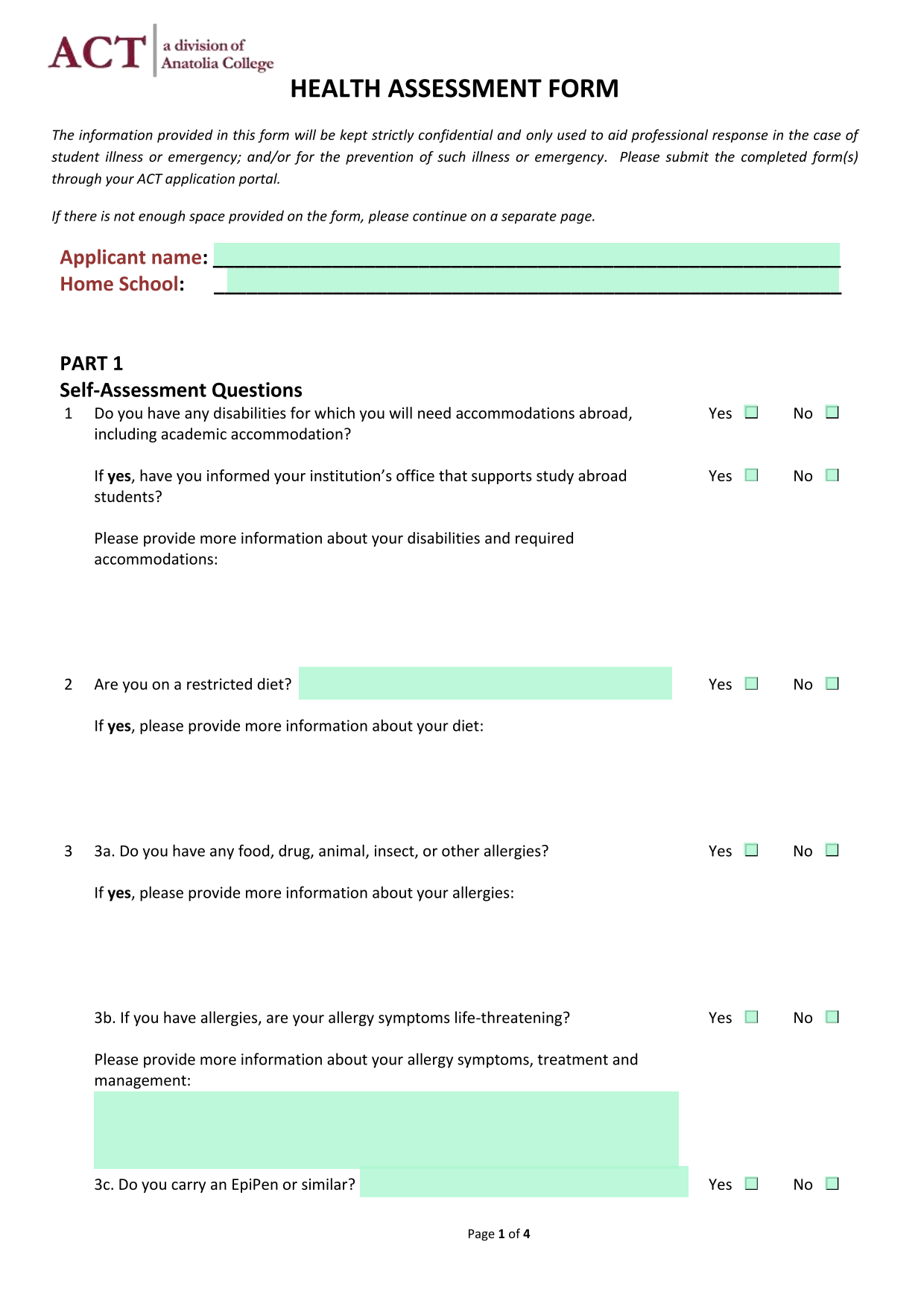 HEALTH ASSESSMENT FORM screenshot