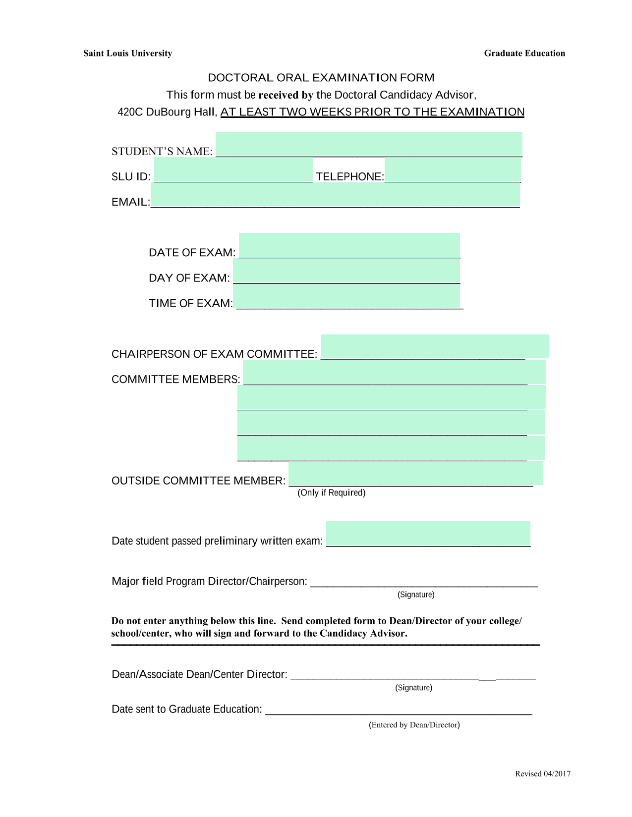 Doctoral Oral Examination Form screenshot