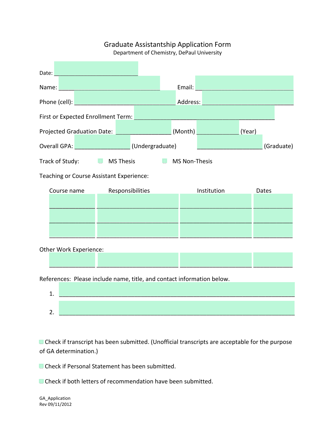 Graduate Assistantship Application Form screenshot