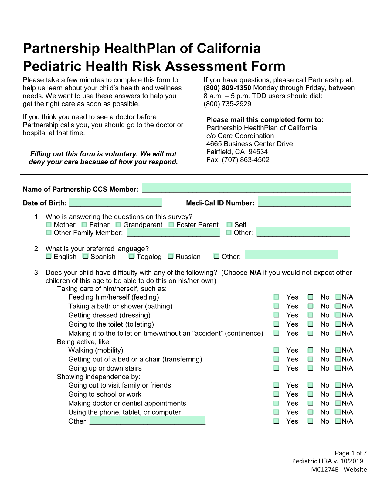 Pediatric Health Risk Assessment Form screenshot