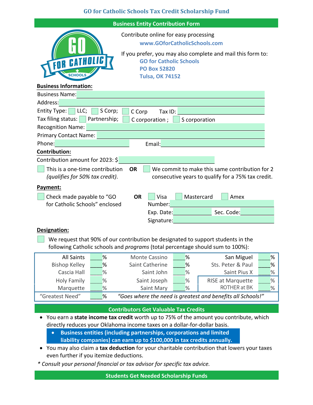 GO For Catholic Schools Tax Credit Scholarship Fund Business Entity Contribution Form screenshot