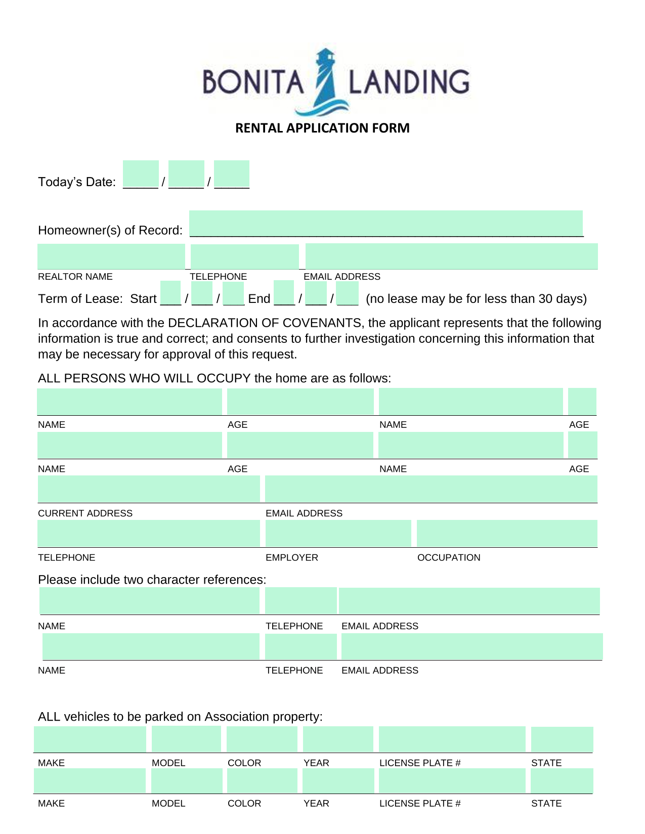 Rental Application Form screenshot
