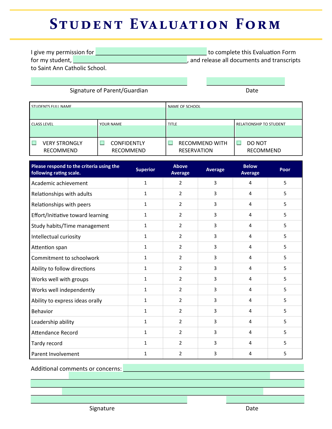 Student Evaluation Form screenshot
