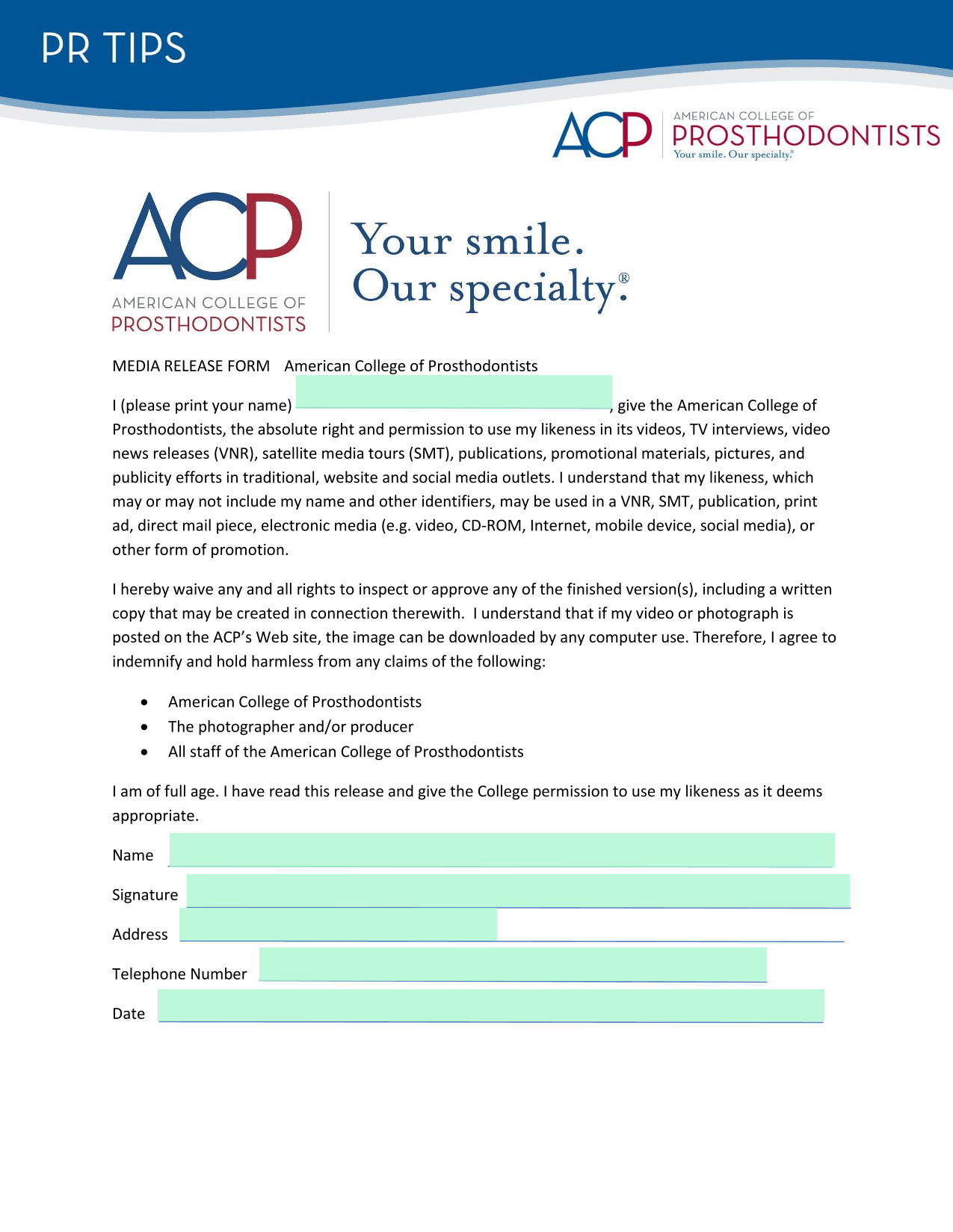Media Release Form screenshot