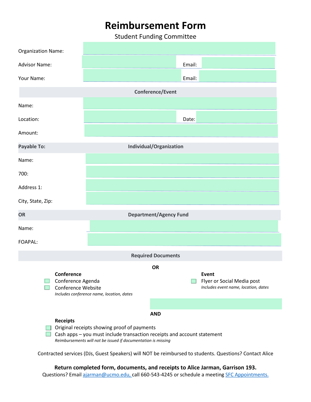 Reimbursement Form screenshot