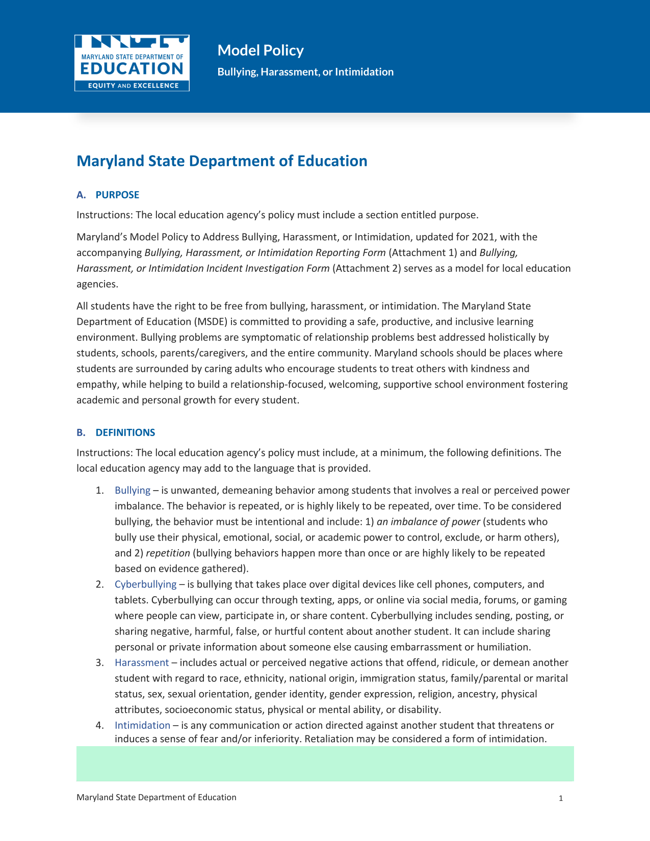 Model Policy Bullying, Harassment, Or Intimidation screenshot