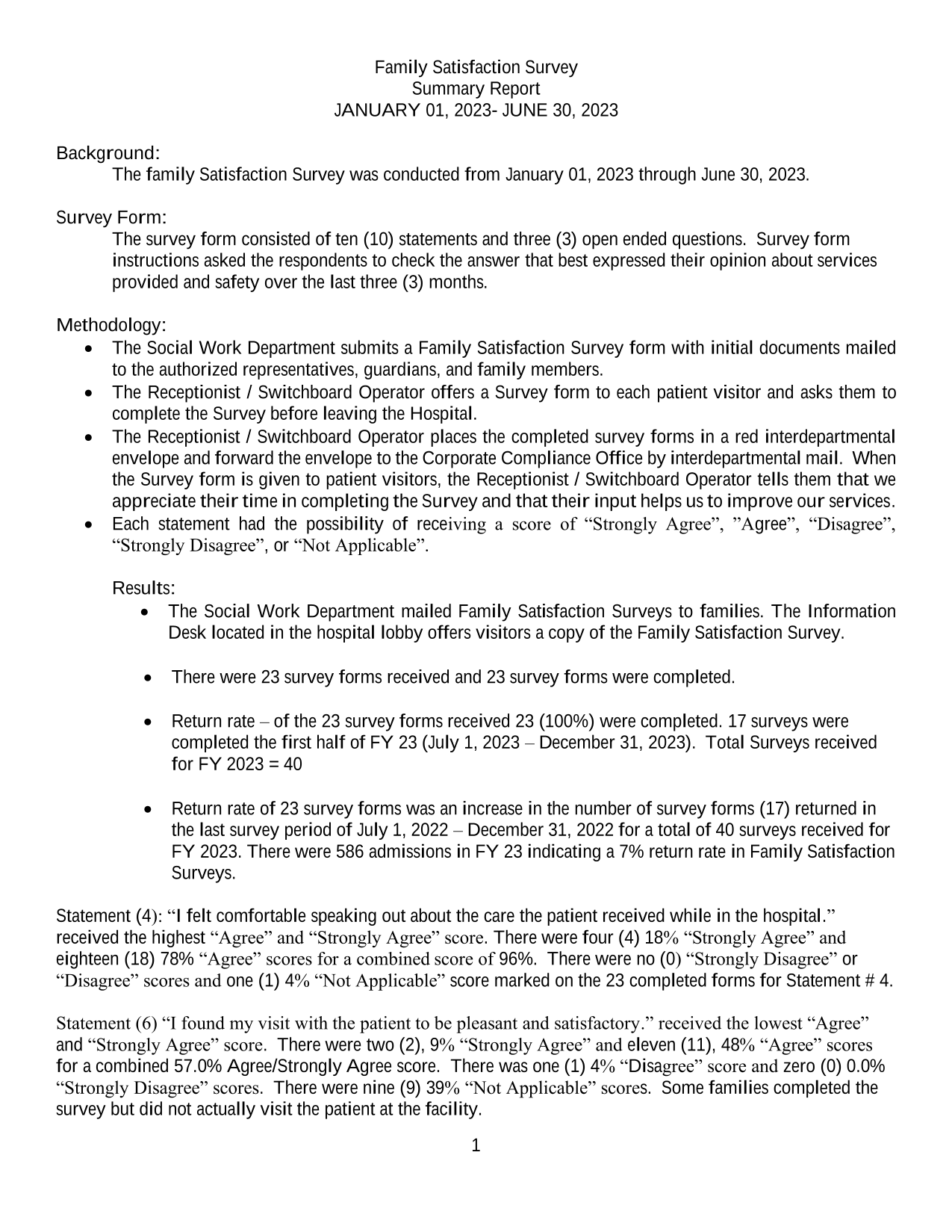 Family Satisfaction Survey Summary Report screenshot
