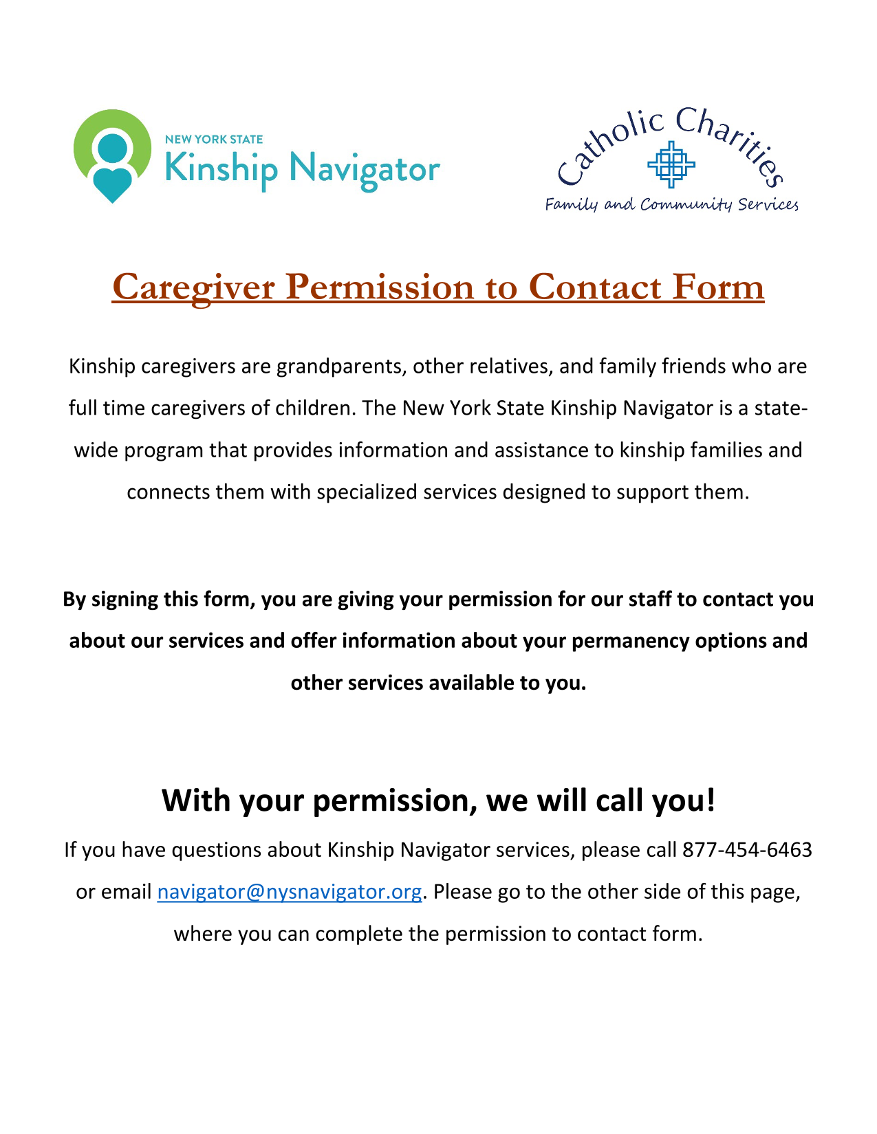 Caregiver Permission To Contact Form screenshot