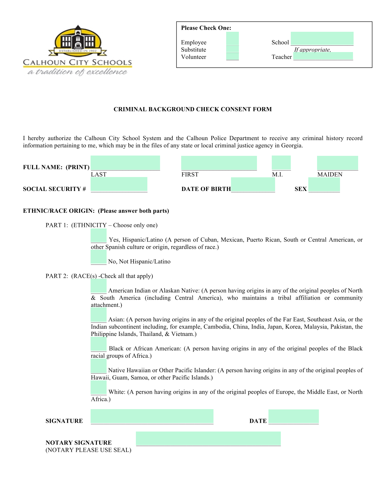 Criminal Background Check Consent Form screenshot