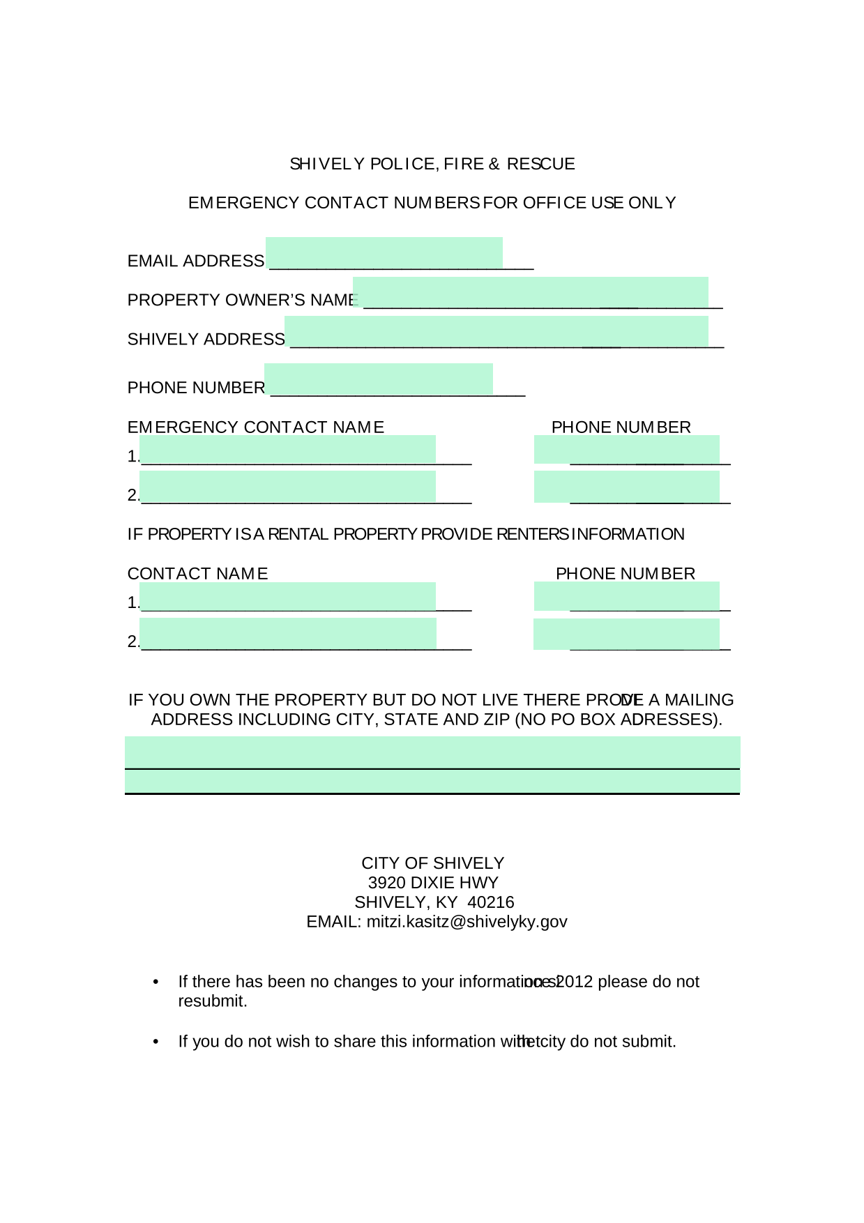 Emergency Contact Information Form screenshot