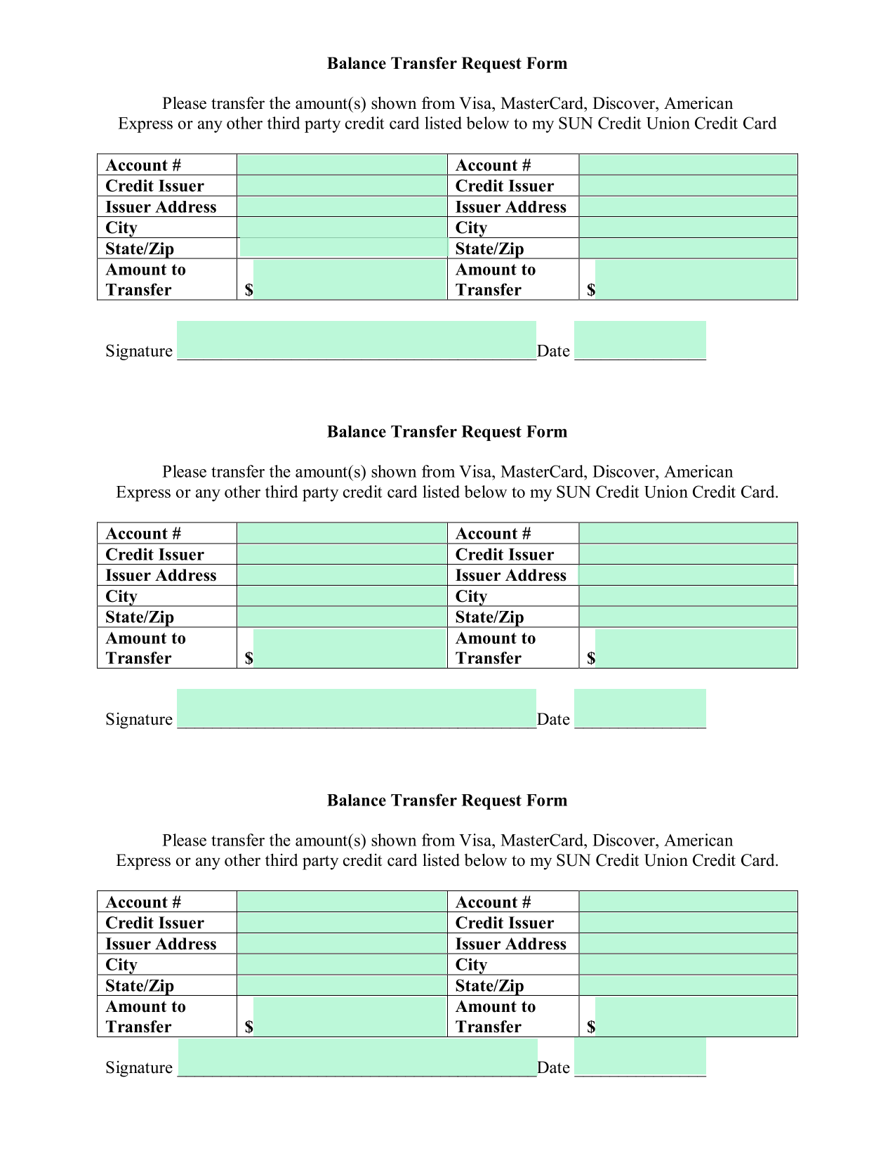 Balance Transfer Request Form screenshot