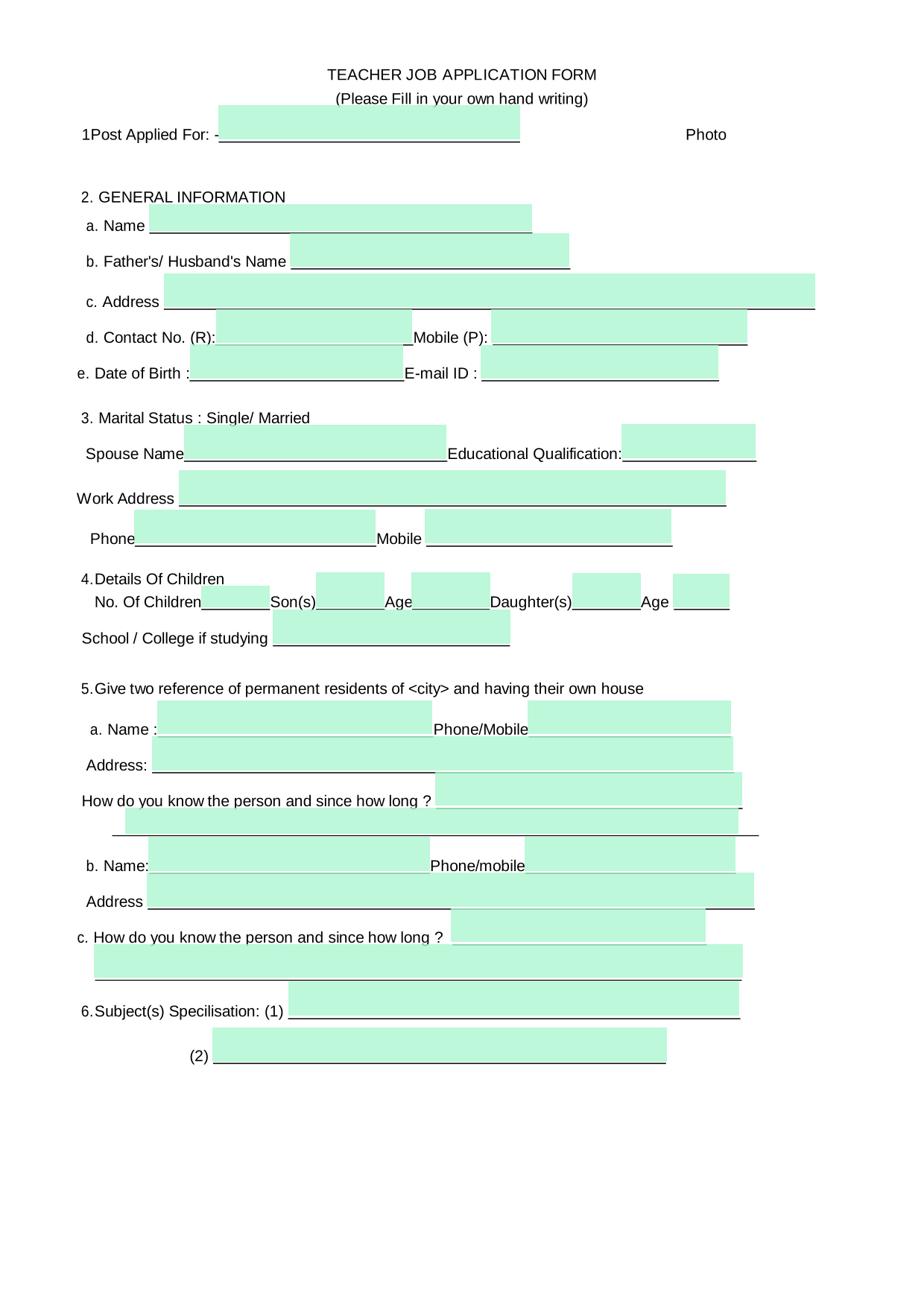 TEACHER JOB APPLICATION FORM screenshot