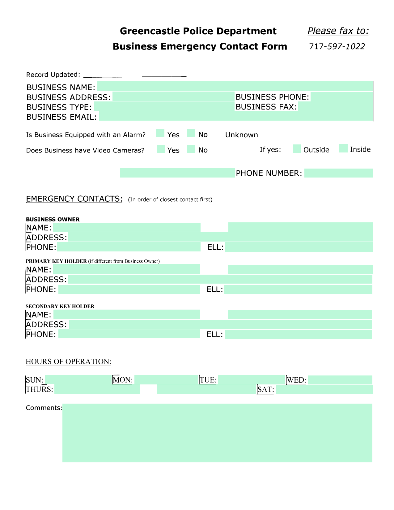 Business Emergency Contact Form screenshot