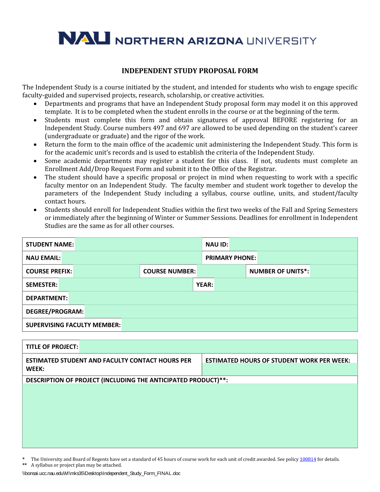 Independent Study Proposal Form screenshot