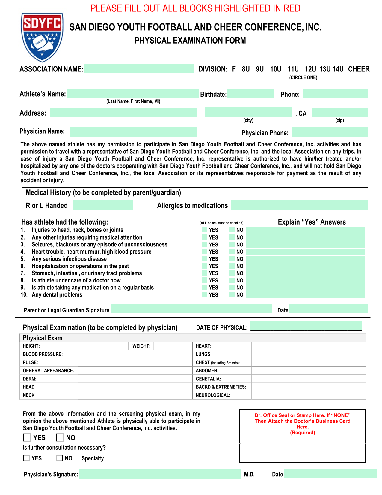 Physical Examination Form screenshot