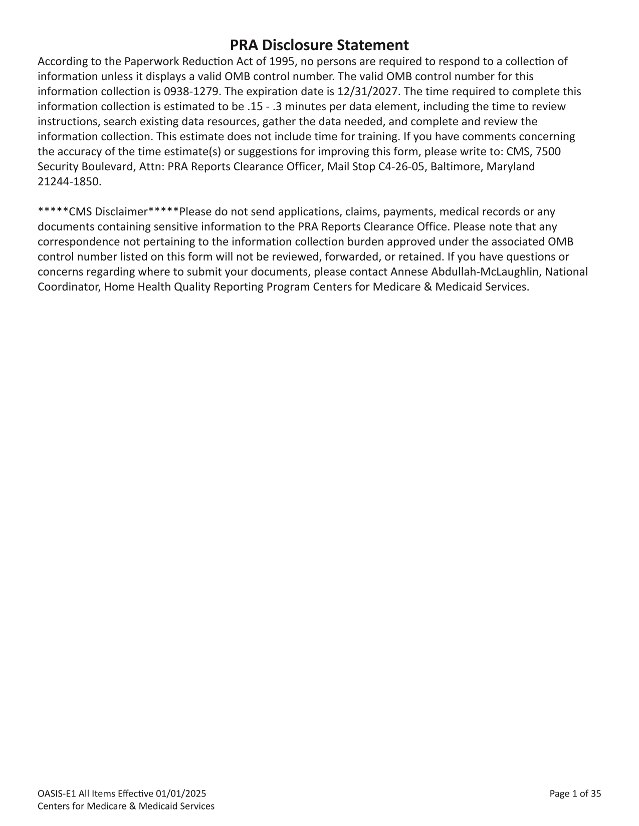 OASIS E1 All Items (Outcome  Assessment Information Set) screenshot